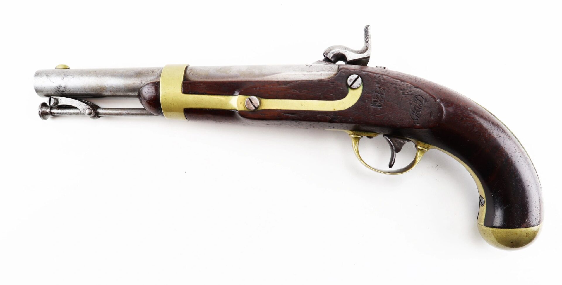 Aston Horse Pistol (SOLD): Antique single-shot flintlock with wooden grip, metal barrel, and brass accents displayed on a white background.
