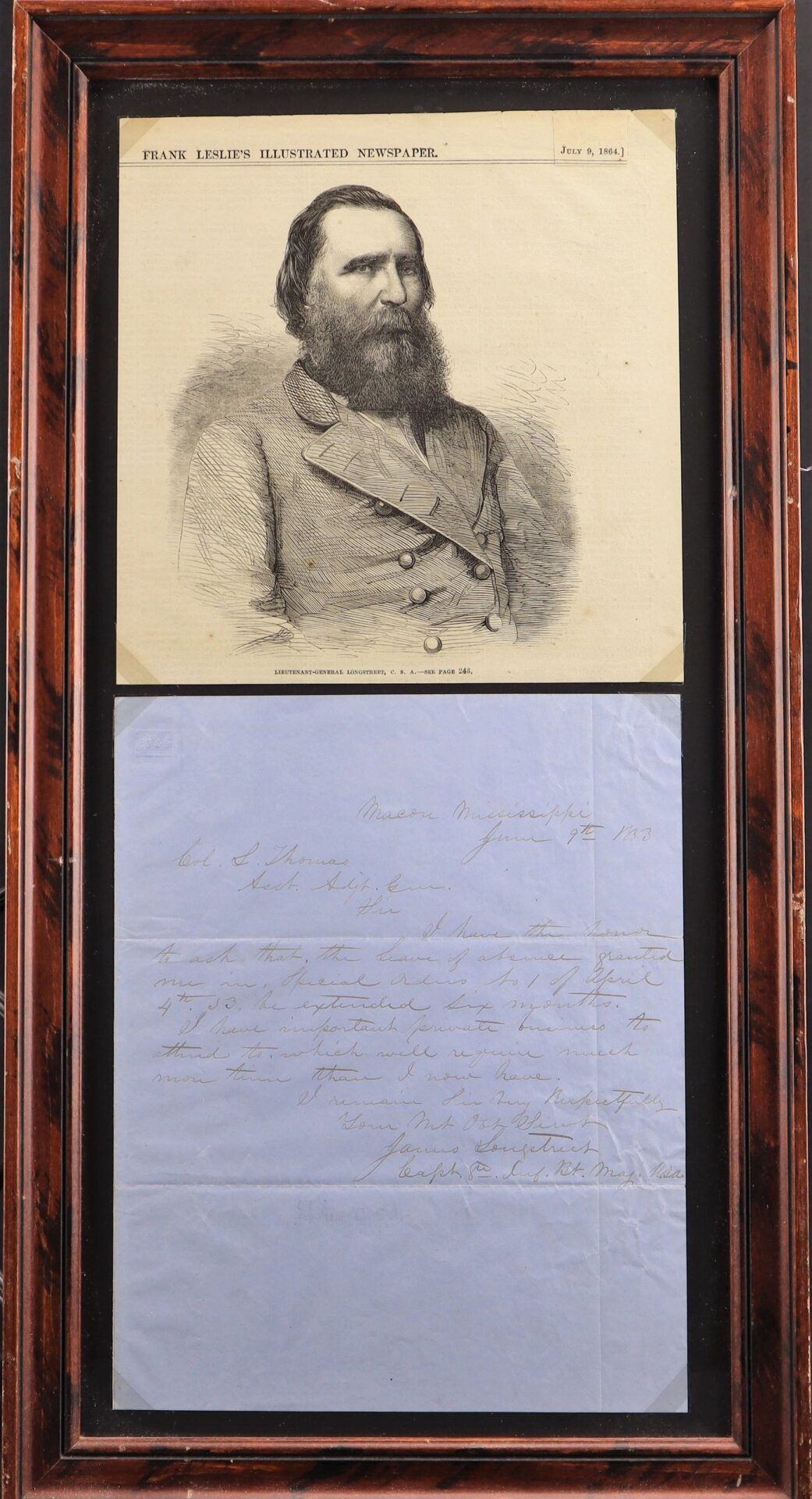 A framed display of a newspaper portrait of Confederate General James Longstreet in uniform above his handwritten letter on blue paper. Sold.