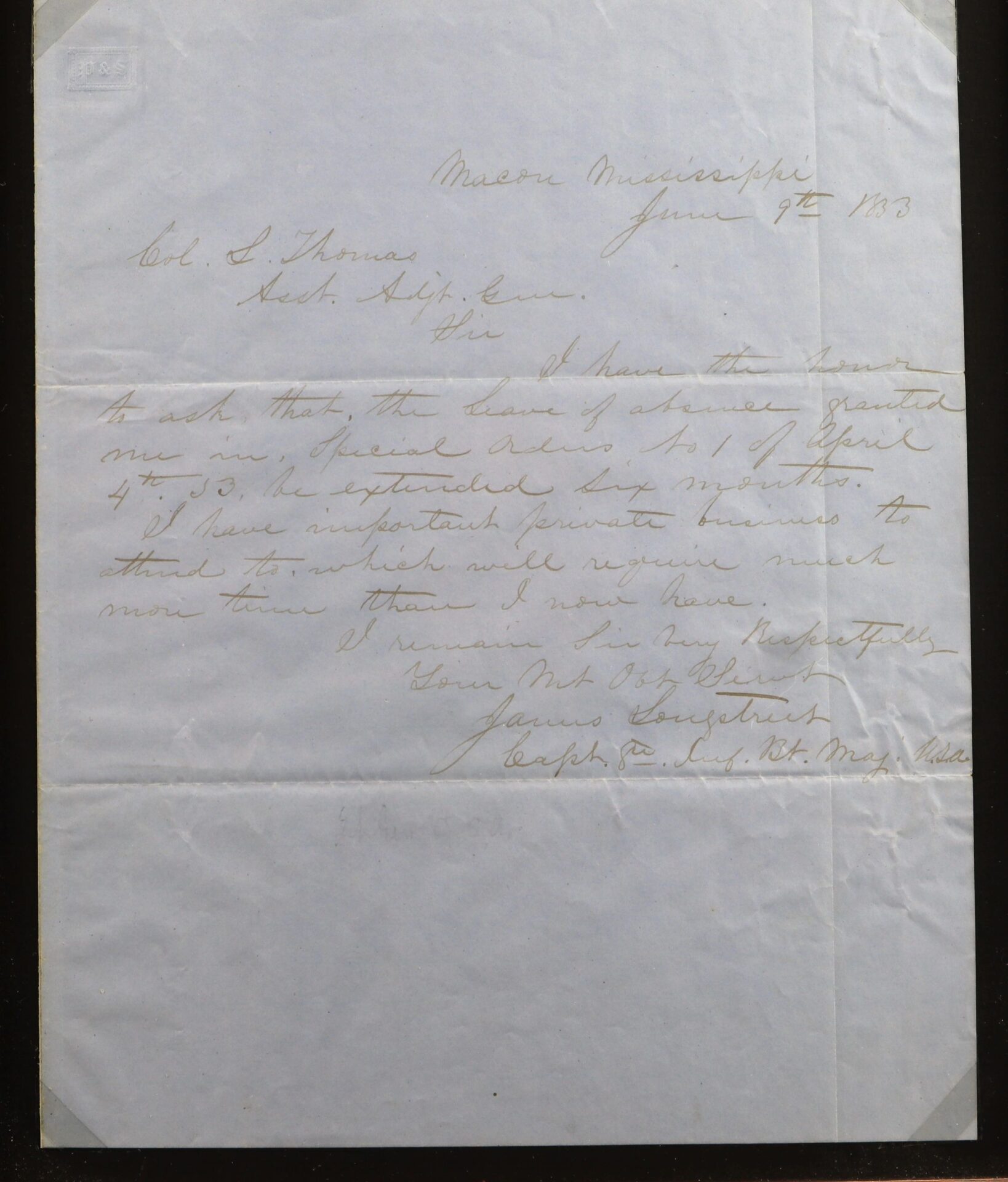 A handwritten letter dated June 17, 1863, from Confederate General James Longstreet, requesting leave of absence due to personal affairs; written on lined paper. Sold.