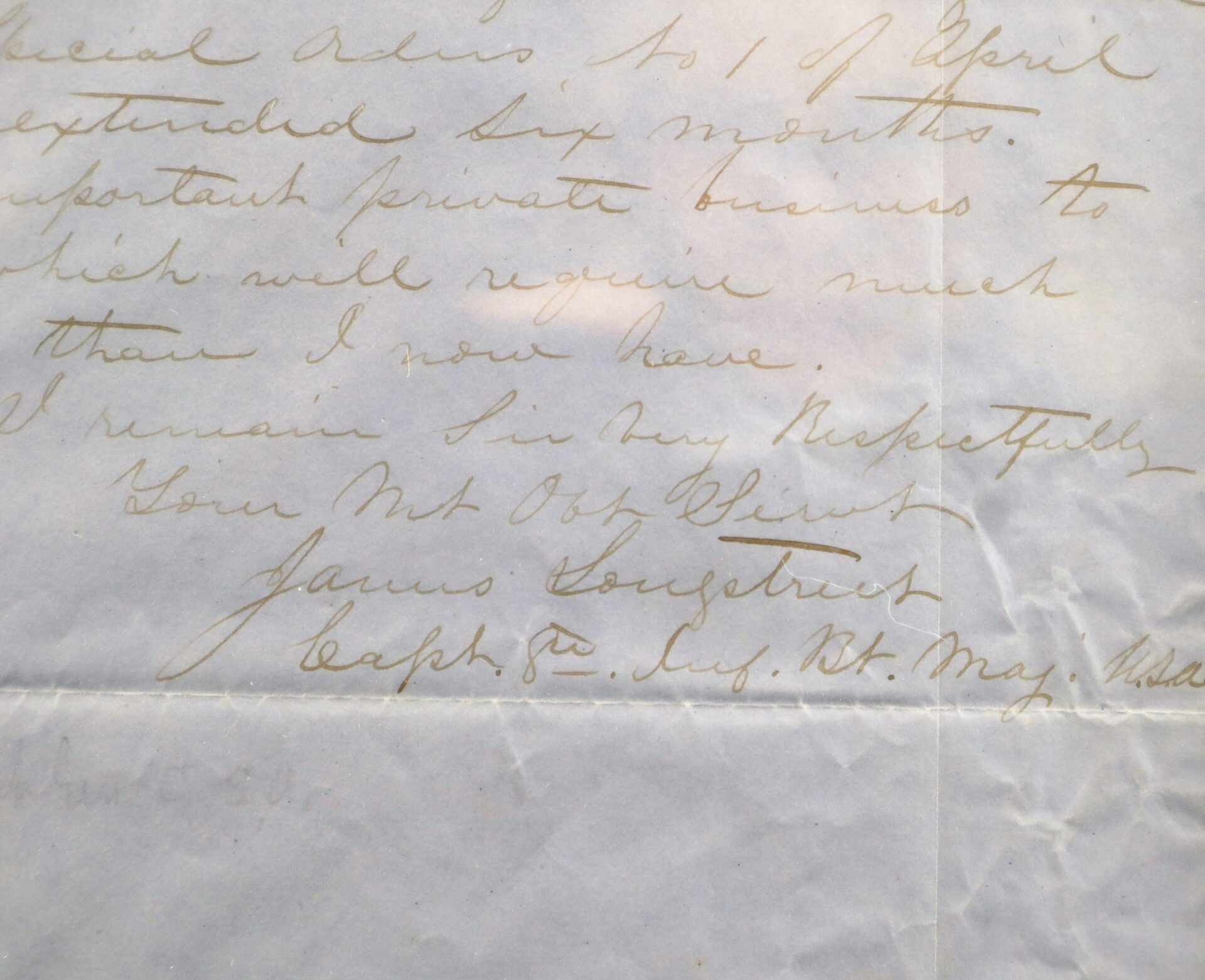 Handwritten letter in cursive on white paper by Confederate General James Longstreet, ending with "Yours Most Ob't Servant, James Longstreet, Capt. In. Inf., Bt. Majr. USA." Sold as "Letter of Confederate General James Longstreet.