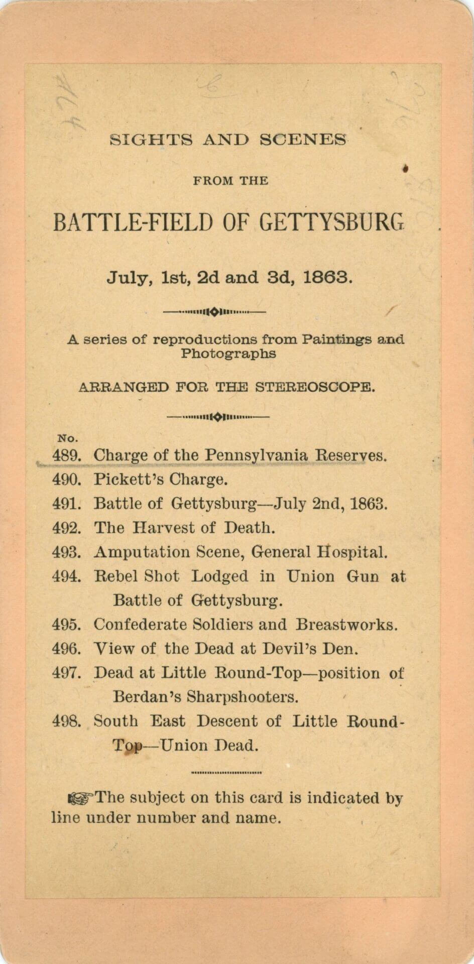 A vintage stereoscope card titled "Charge of the Pennsylvania Reserves," depicting scenes from the Battle of Gettysburg with numbered descriptions of key events and locations.