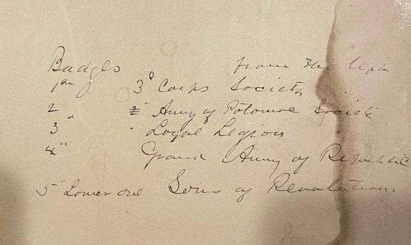 A handwritten list on aged paper titled "Badges," featuring numbered organizations like Loyal Legion and Grand Army of the Republic, related to Major Erasmus Corwin Gilbreath, all written in cursive.