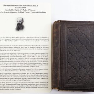 A vintage book with a patterned cover sits beside an information card about The Impending Crisis of the South: How to Meet It, printed in 1860.