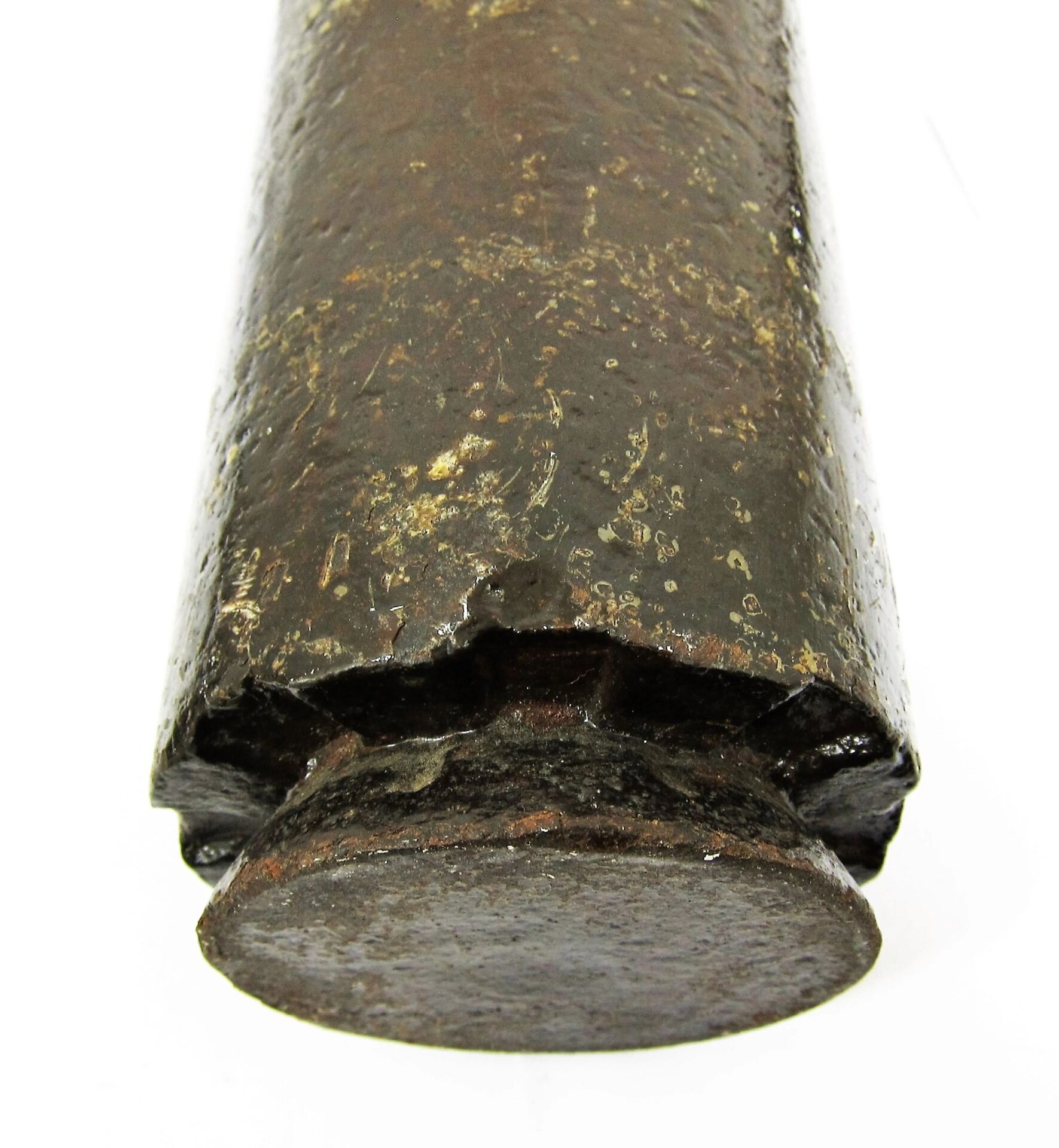 Close-up of the rusted, damaged base of a US 30 Pound Parrott Chilled Nose Bolt (SOLD), a cylindrical metal artifact, shown against a white background.