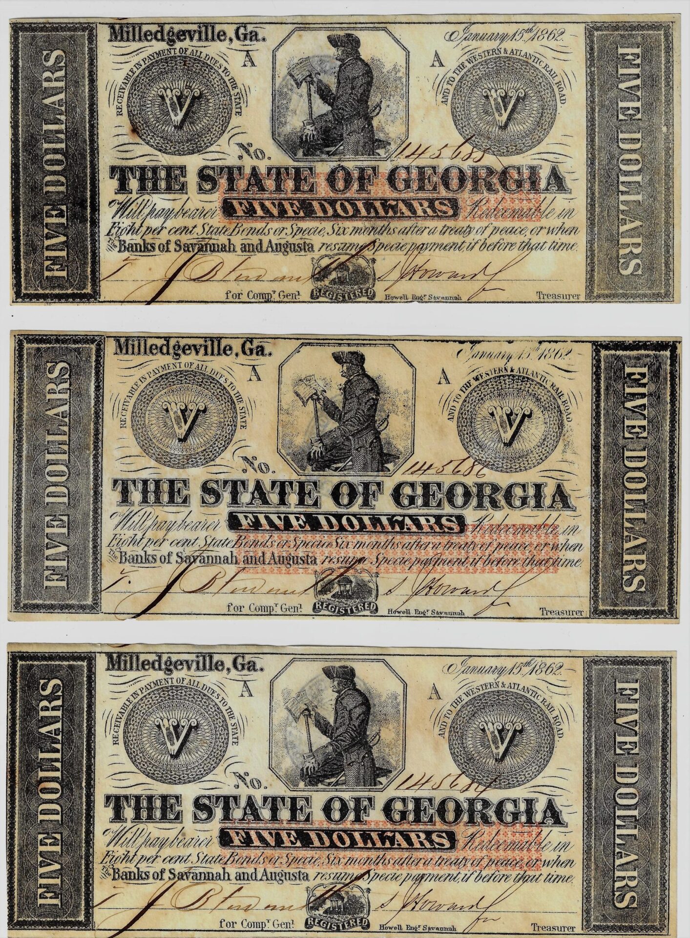 Lot of six sequential State of Georgia Five Dollar Notes / SOLD - Union ...