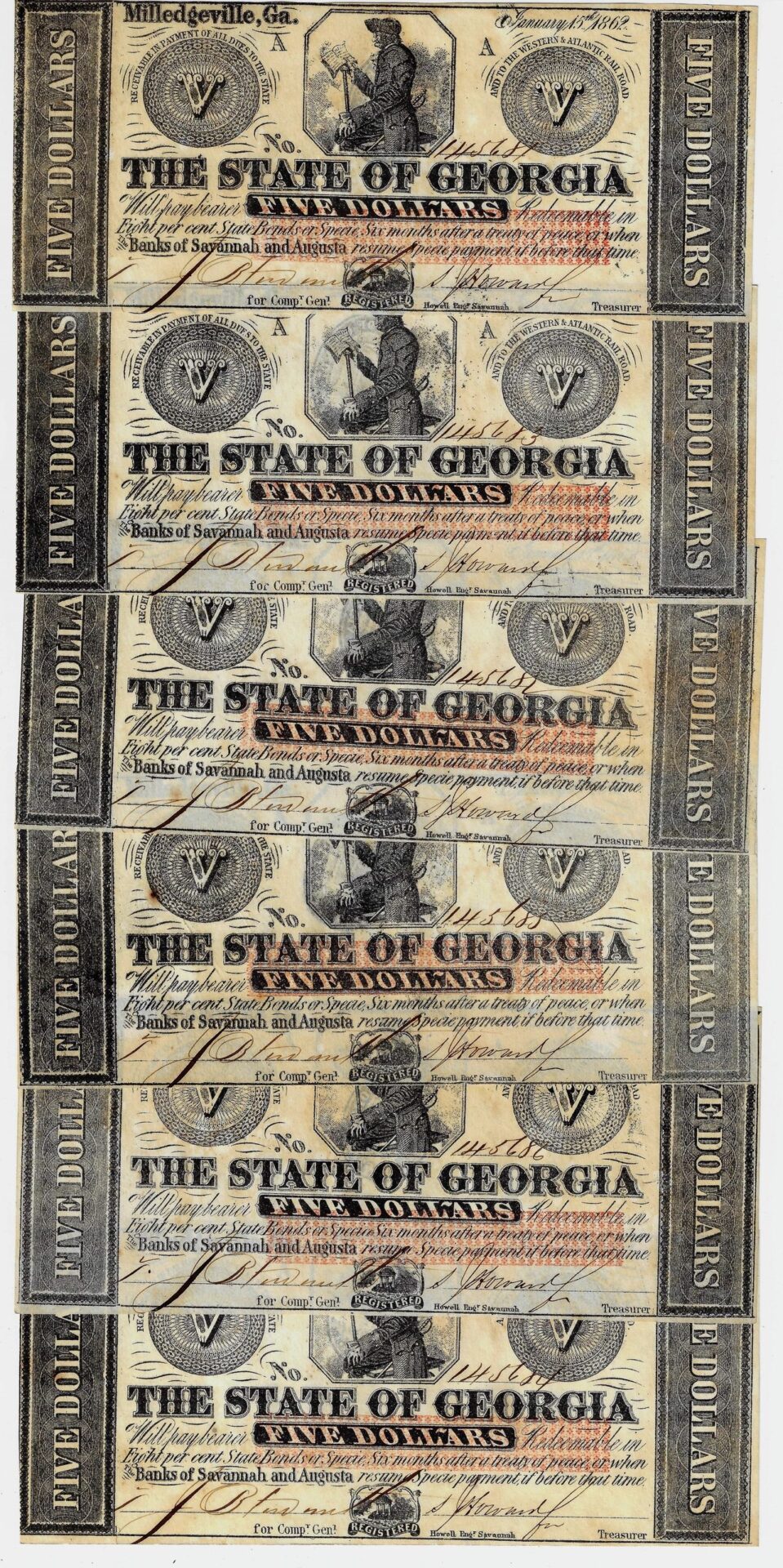 Lot of six sequential State of Georgia Five Dollar Notes / SOLD - Union ...