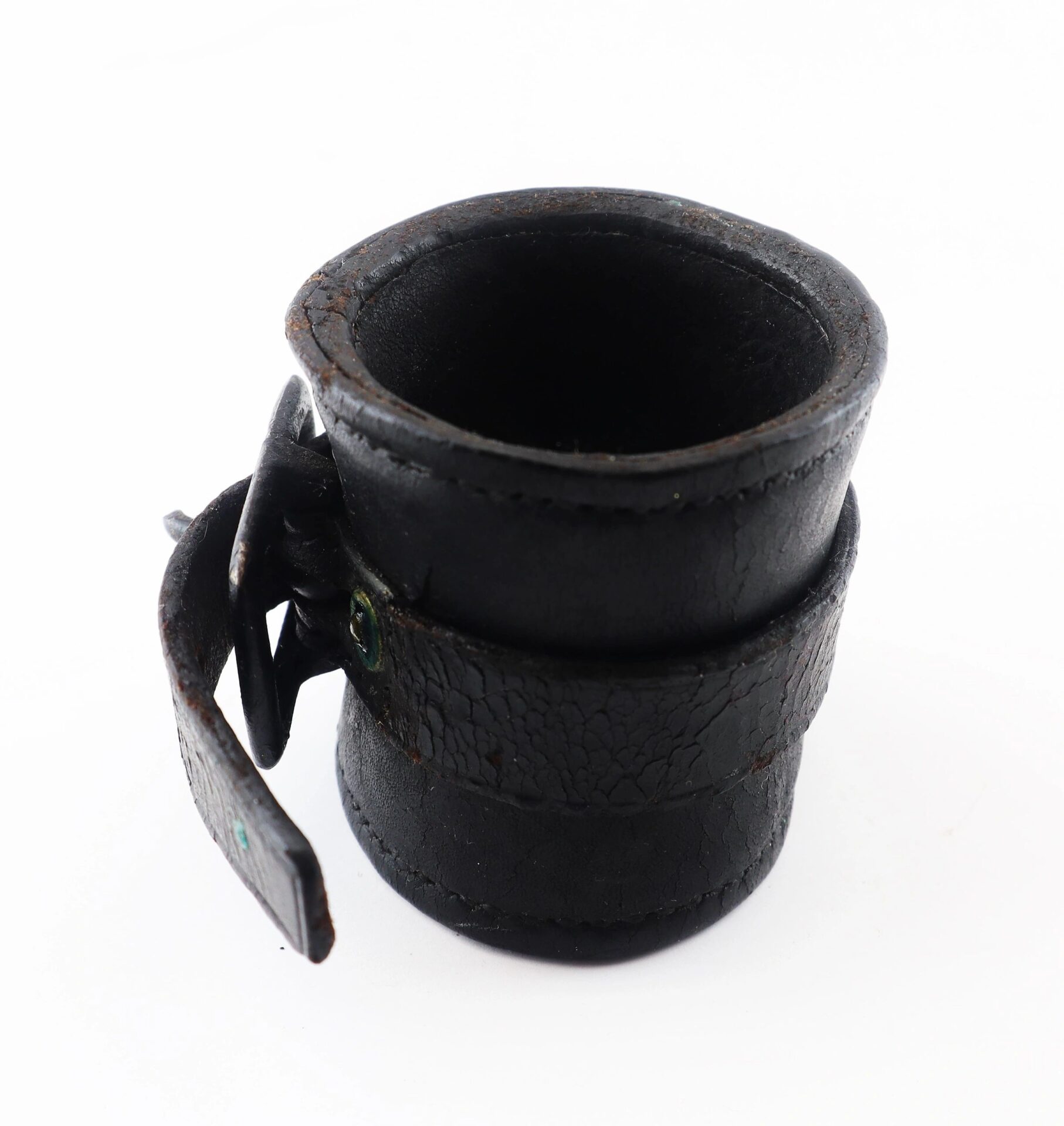A Civil War Cavalry Carbine Boot, shown on a white background, features black leather with a buckle—possibly an antique strap or restraint.