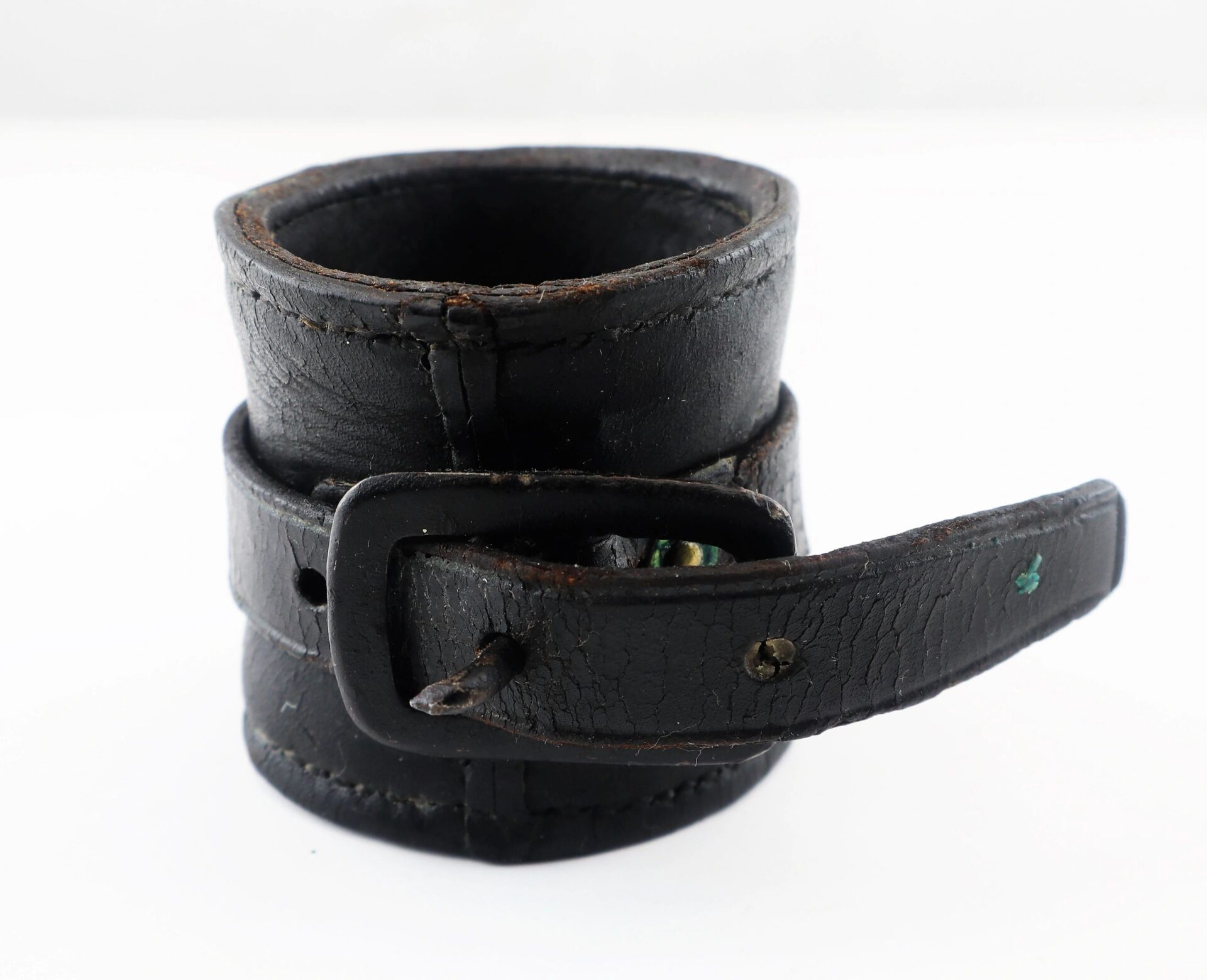 A Civil War Cavalry Carbine Boot, black with visible stitching and a buckle closure, stands upright against a white background.