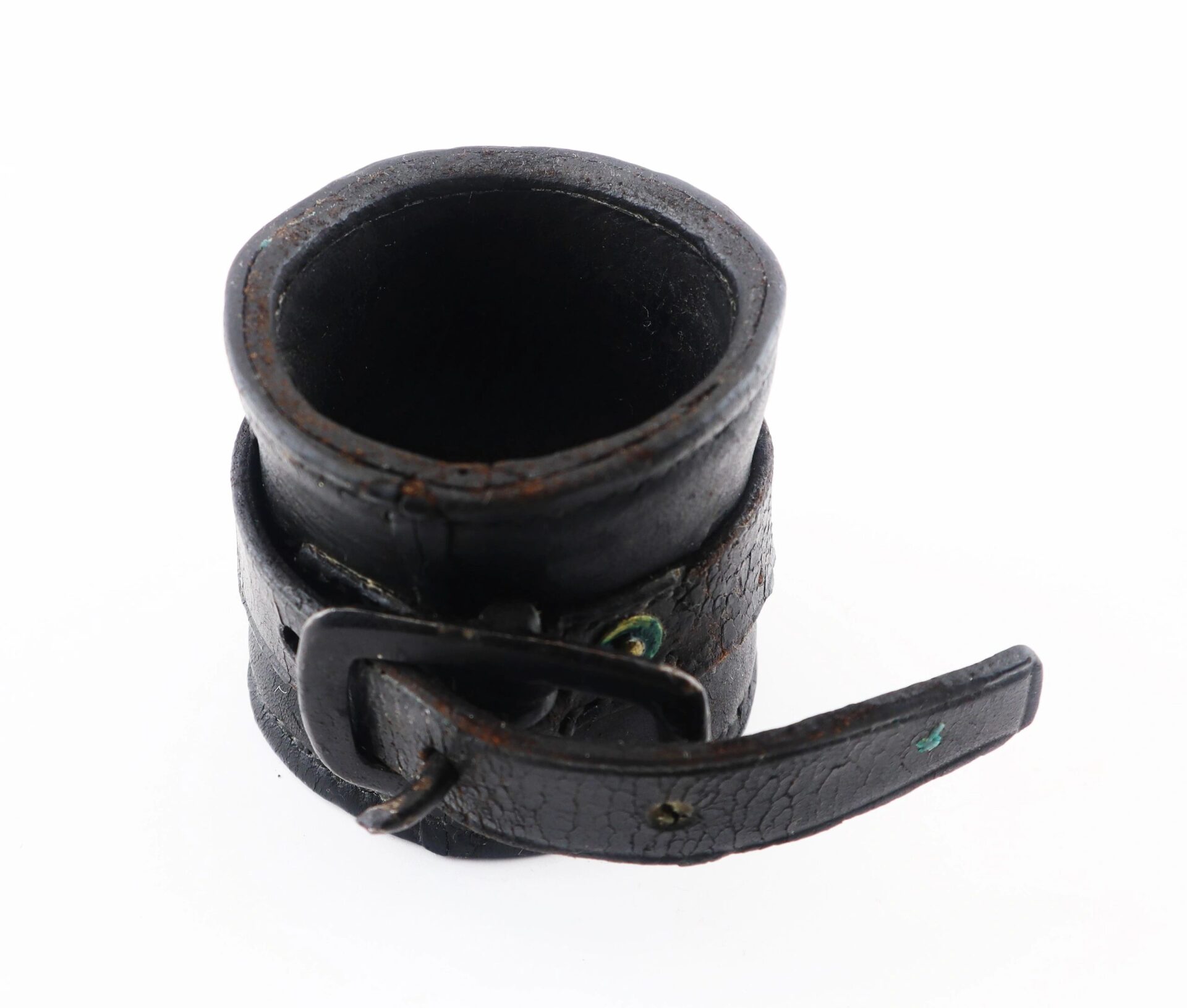 A close-up of the Civil War Cavalry Carbine Boot, showing its worn leather and buckle, photographed on a white background.