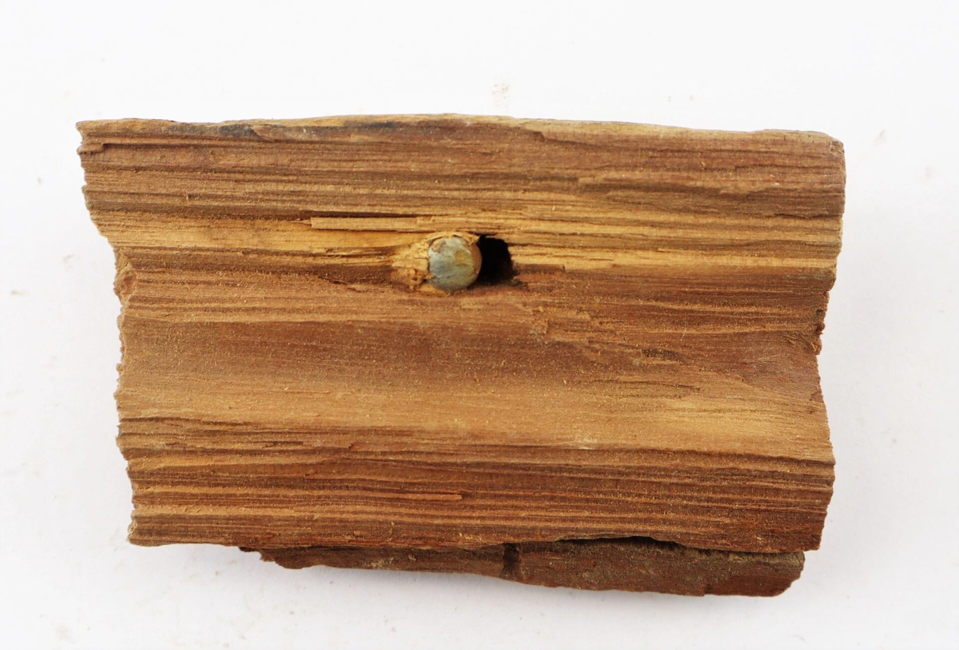 A Civil War bullet embedded in layered brown wood with a small round knot and a central hole, from The Battle of Chancellorsville, displayed on a white background.
