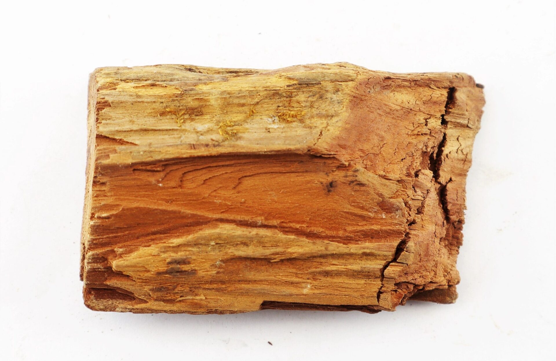 A Civil War Bullet embedded in a small, rectangular piece of brown wood with visible cracks and rough texture from The Battle of Chancellorsville, displayed on a white background. / SOLD.