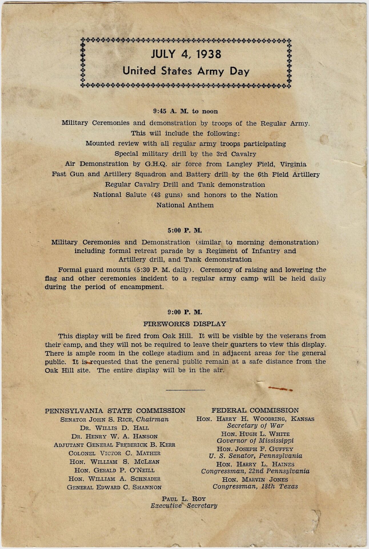 A Program from the 75th Anniversary of the Battle of Gettysburg details July 4, 1938, U.S. Army Day events—military ceremonies, air demonstrations, band music, and fireworks—at Pennsylvania State College.
