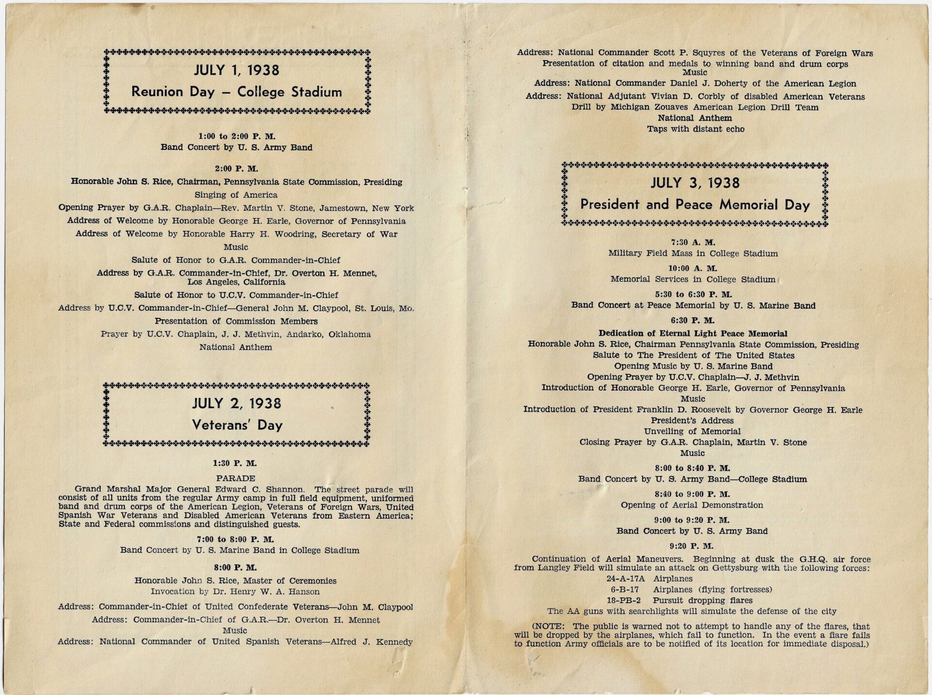 The "Program from the 75th Anniversary of the Battle of Gettysburg" details schedules, speakers, and ceremonies for the July 1-3, 1938 reunion and memorial event across four pages.
