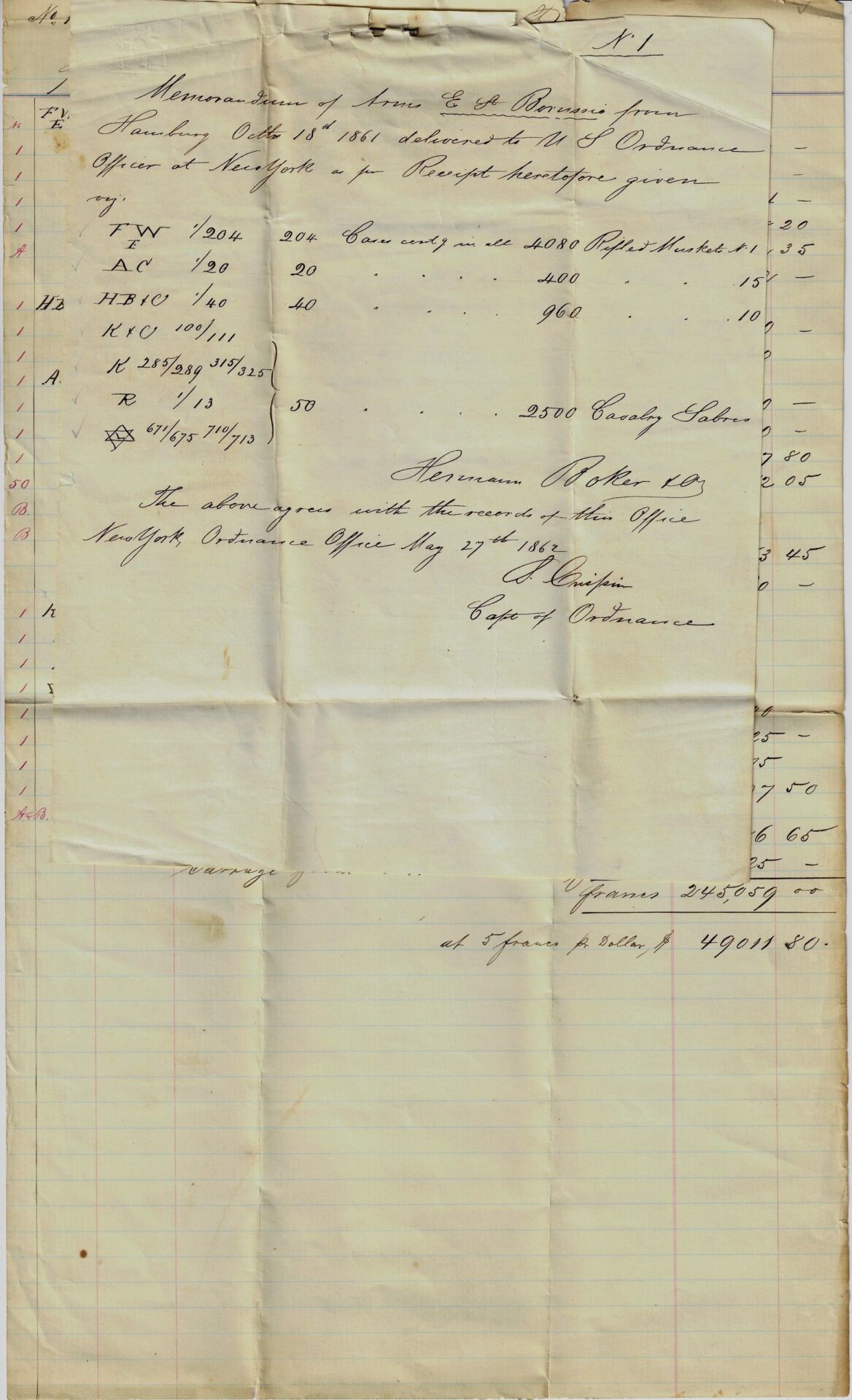 Aged, yellowed handwritten memorandum detailing the 1861 order for rifled muskets and sabers from Herman Boker, with itemized columns showing shipments, quantities, calculations, and totals at the page’s bottom.