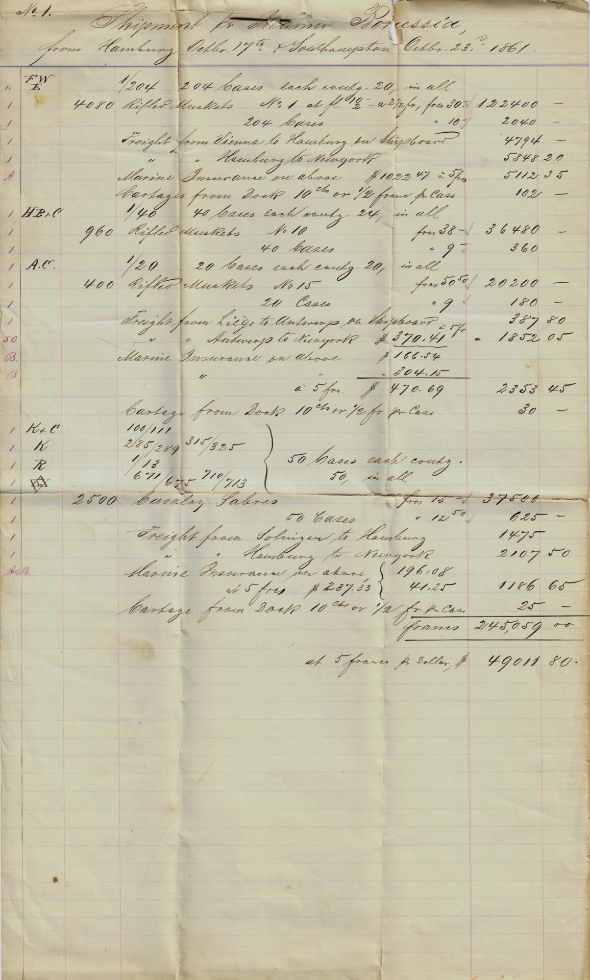 A handwritten ledger on lined paper details the 1861 order for rifled muskets and sabers from Herman Boker, listing transactions, dates, quantities, descriptions, amounts in columns, calculations, and a final total at the bottom.