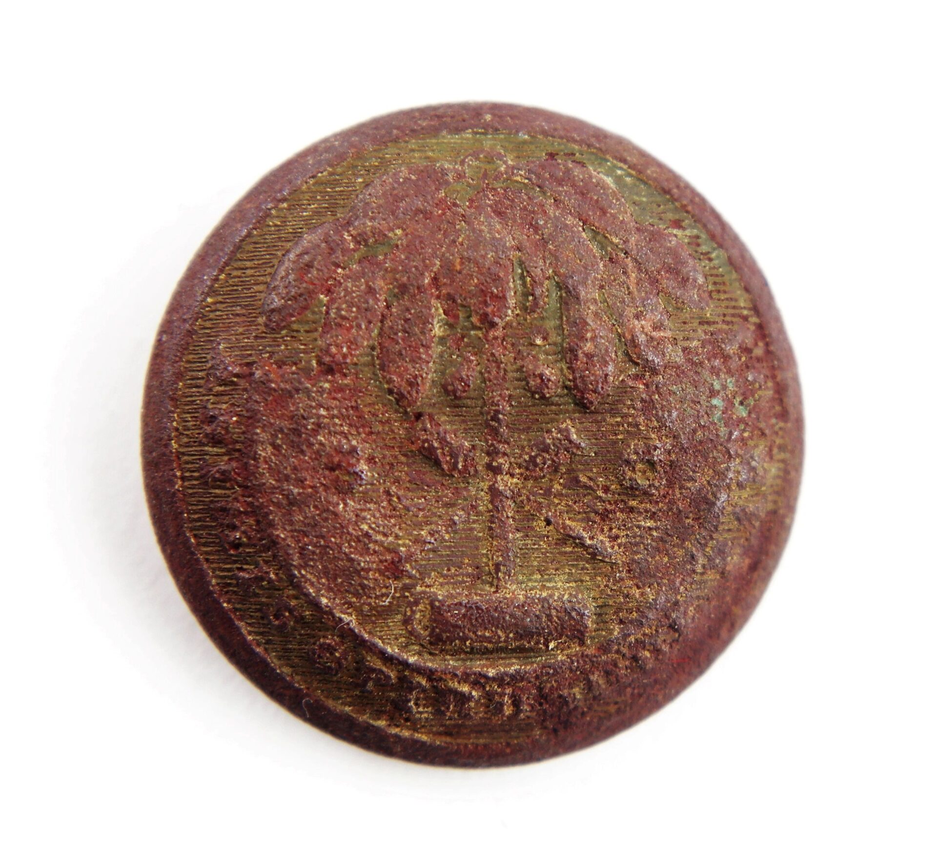 A round, weathered "South Carolina Coat Button - Battle of Gettysburg / Sold," featuring an embossed palm tree design.