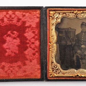 A 1/6th Plate Tintype shows a Union Army drummer seated in uniform beside a drum, housed in a decorative case with red velvet floral lining on the left.