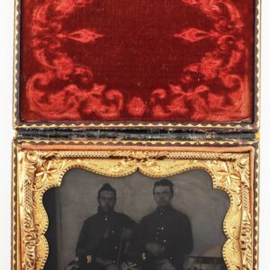 A 1/4 plate tintype displays two Union musicians in Hardee hats, seated side by side, in a photo case open to reveal a velvet-lined lid and framed black-and-white image.
