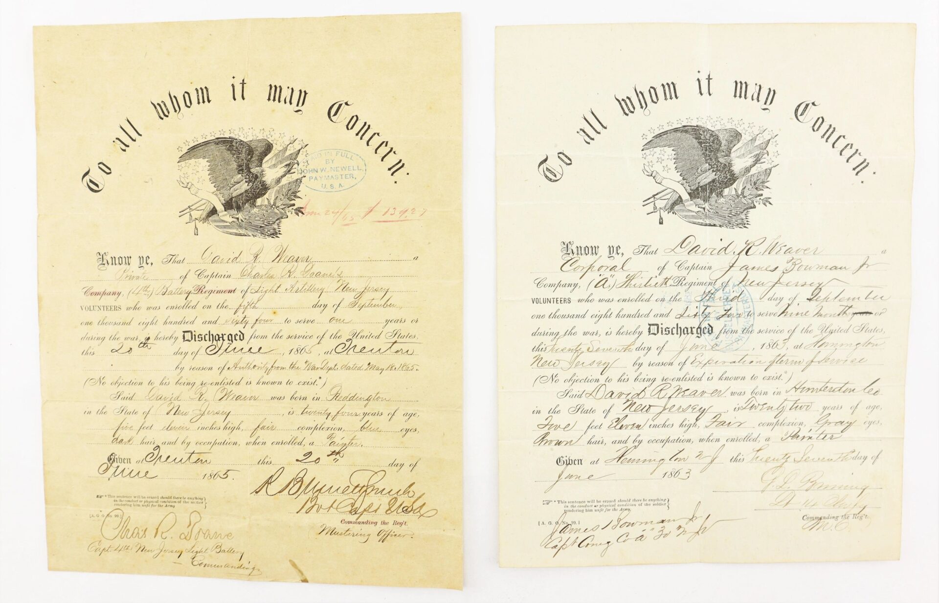Two vintage military discharge documents with eagle illustrations (1864 & 1865), handwritten signatures, and stamps from David R. Weaver, 30th NJ Infantry & Battery D, 1st NJ Light Artillery: "Discharges, Bible, and Reunion Ribbons" / SOLD.