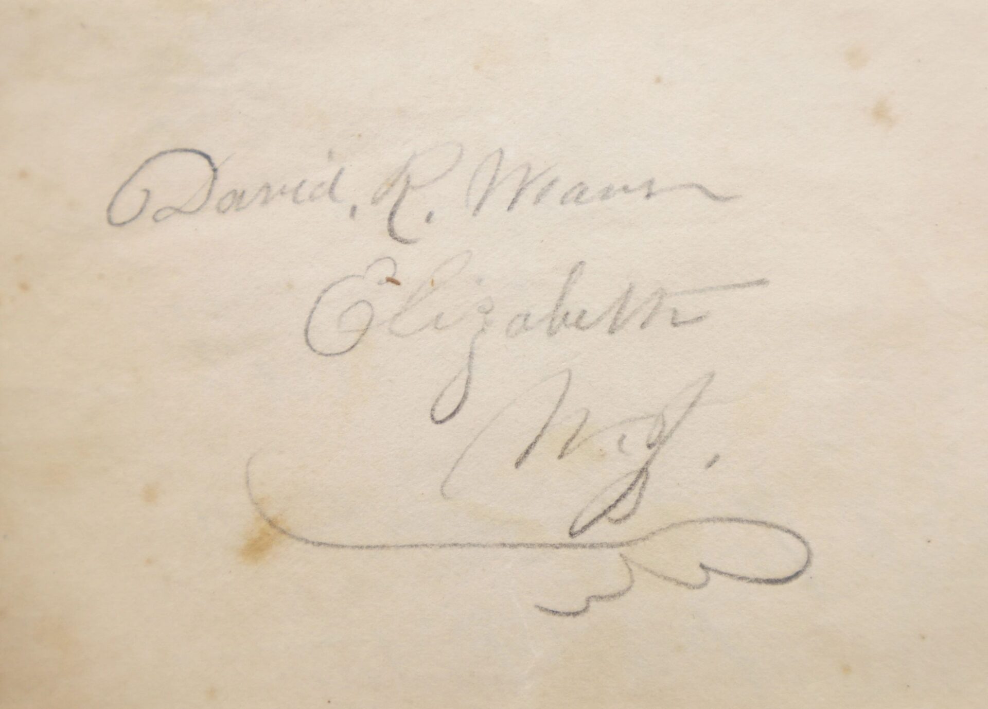 Handwritten cursive text on aged paper reads: "David R. Weaver, Elizabeth, N.J." with a decorative flourish under the name; part of the Discharges, Bible, and Reunion Ribbons of David R. Weaver 30th NJ Infantry and Battery D, 1st NJ Light Artillery / SOLD.