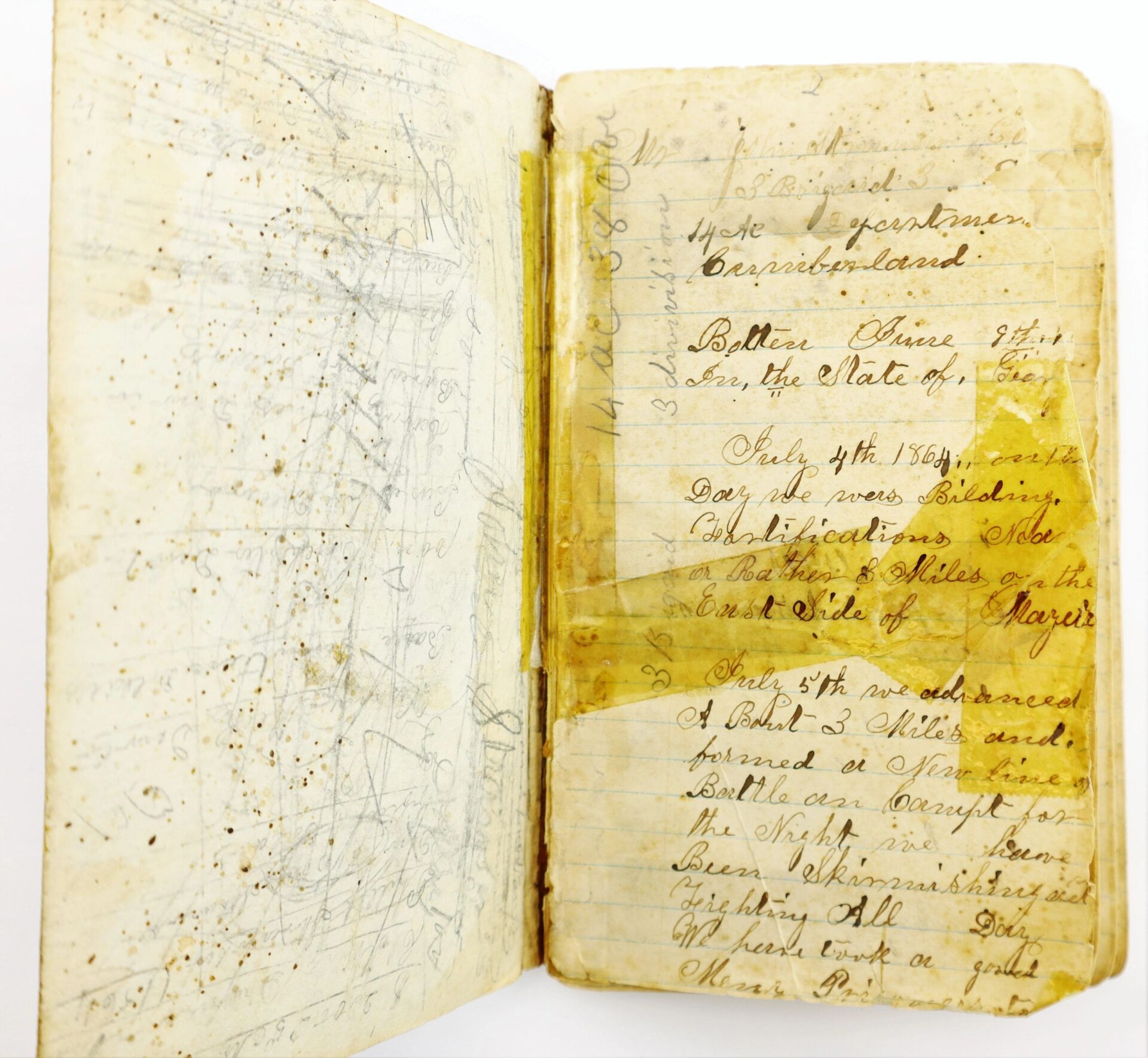 An aged, yellowed handwritten journal titled "Atlanta Campaign Diary of John Strawser, 38" Ohio Infantry" is open to July 9th and 5th, 1864 pages describing Civil War events.