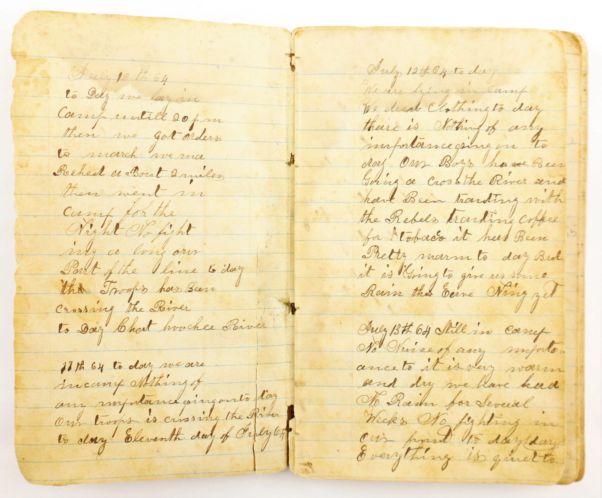 An old, yellowed handwritten journal titled "Atlanta Campaign Diary of John Strawser, 38" Ohio Infantry" is open to two pages filled with brown ink cursive, recounting daily events from the campaign.