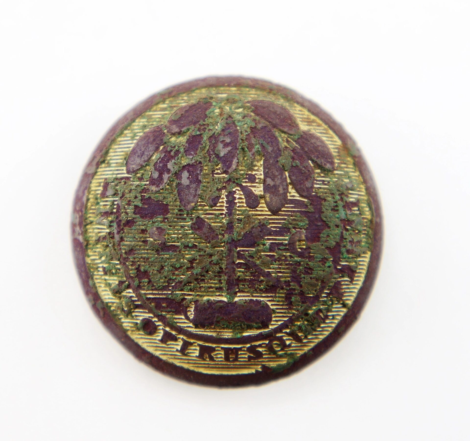 The South Carolina Coat Button is round and weathered, featuring a palmetto tree with faint, indistinct edge text. Green and brown corrosion covers its surface.