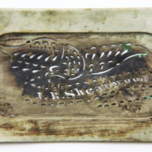 Rectangular metal identification stencil for James R. Shearwood, 55th Kentucky Infantry, featuring a punched decorative design and engraved text; shows tarnish and wear.