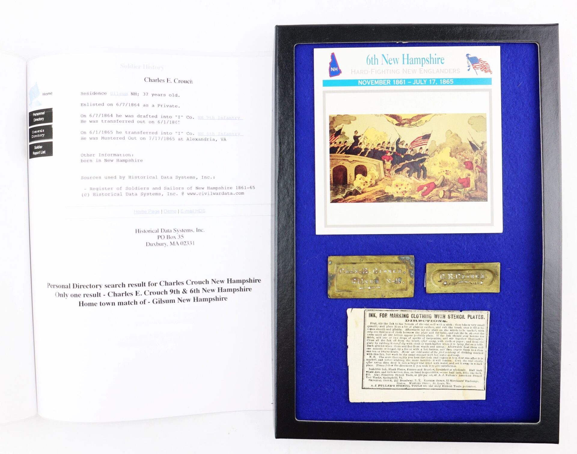 Framed 9th New Hampshire Infantry memorabilia, featuring identification stencils, a historic photo, plaques, a document, and an info sheet about Charles E. Crouch, Civil War veteran.