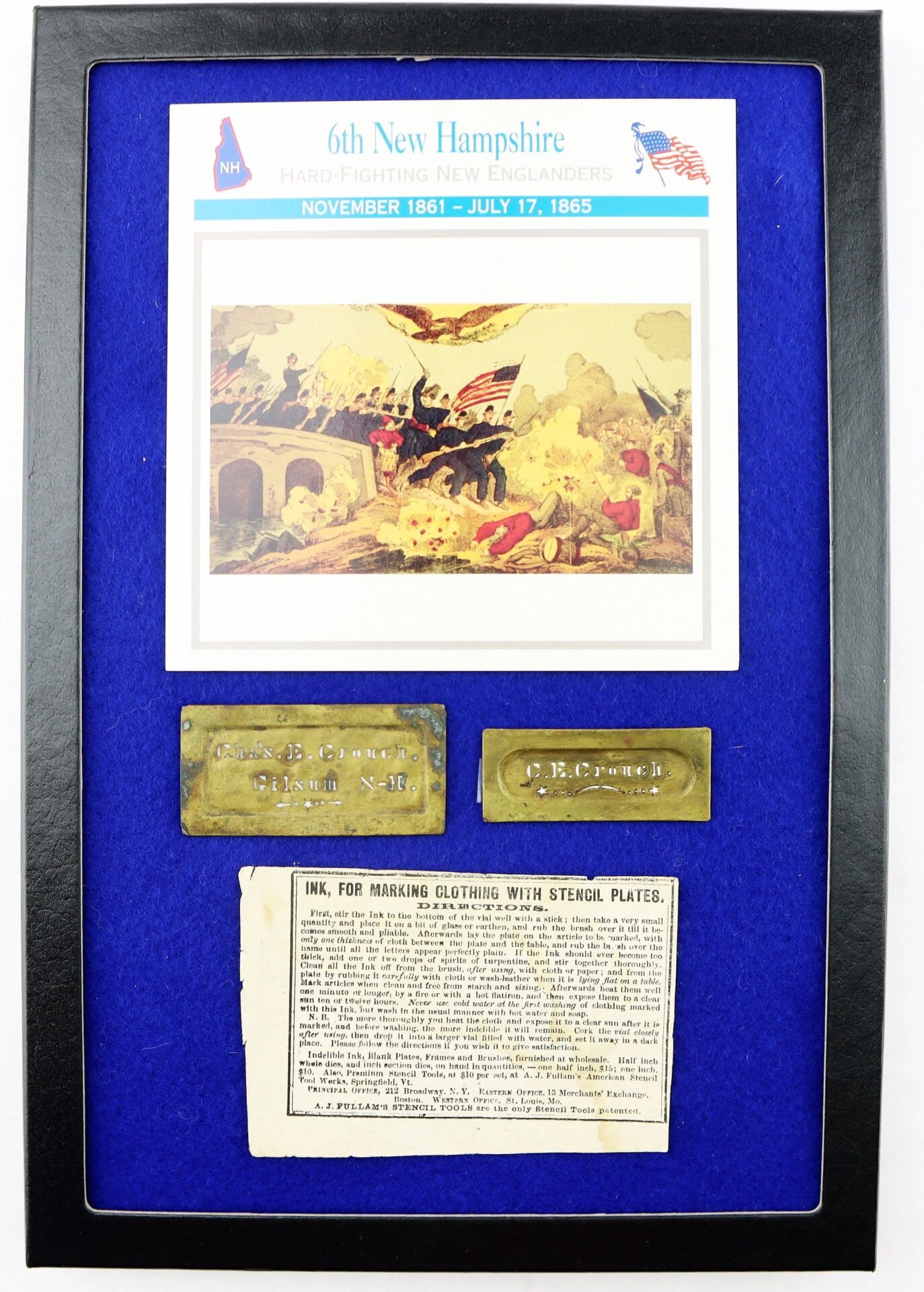 Framed display featuring a Civil War battle print, two brass nameplates, and an instructional card for Identification Stencils used by Charles E. Crouch, 9th New Hampshire Infantry.