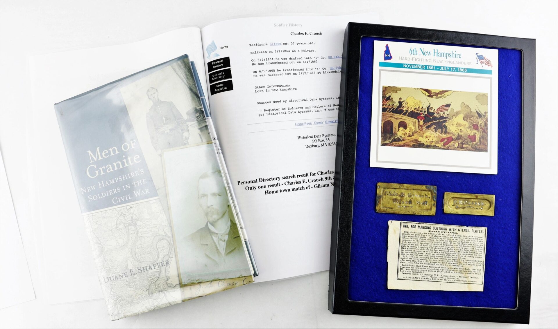 A Civil War history book, a document listing soldiers, and a display with Identification Stencils of Charles E. Crouch from the 9th New Hampshire Infantry—featuring two metal plates and a printed historical note.