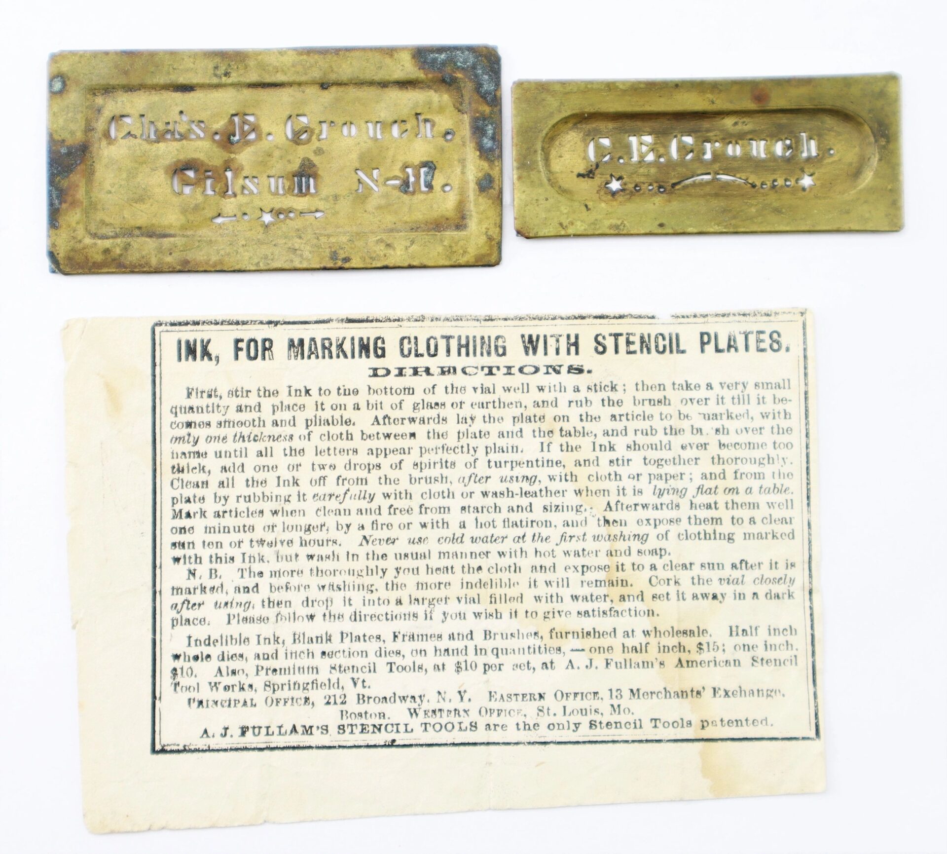 Identification stencils labeled "Charles E. Crouch, 9th New Hampshire Infantry," with an instruction sheet for marking clothing using ink and stencil plates.