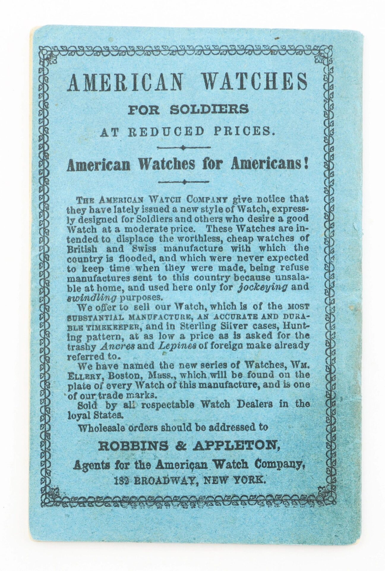 Blue vintage card advertising “The United States Conscription Law of 1863 Official and Complete,” highlighting its role in enabling colored men to enlist in the war effort. Includes details from Robbins & Appleton, New York.