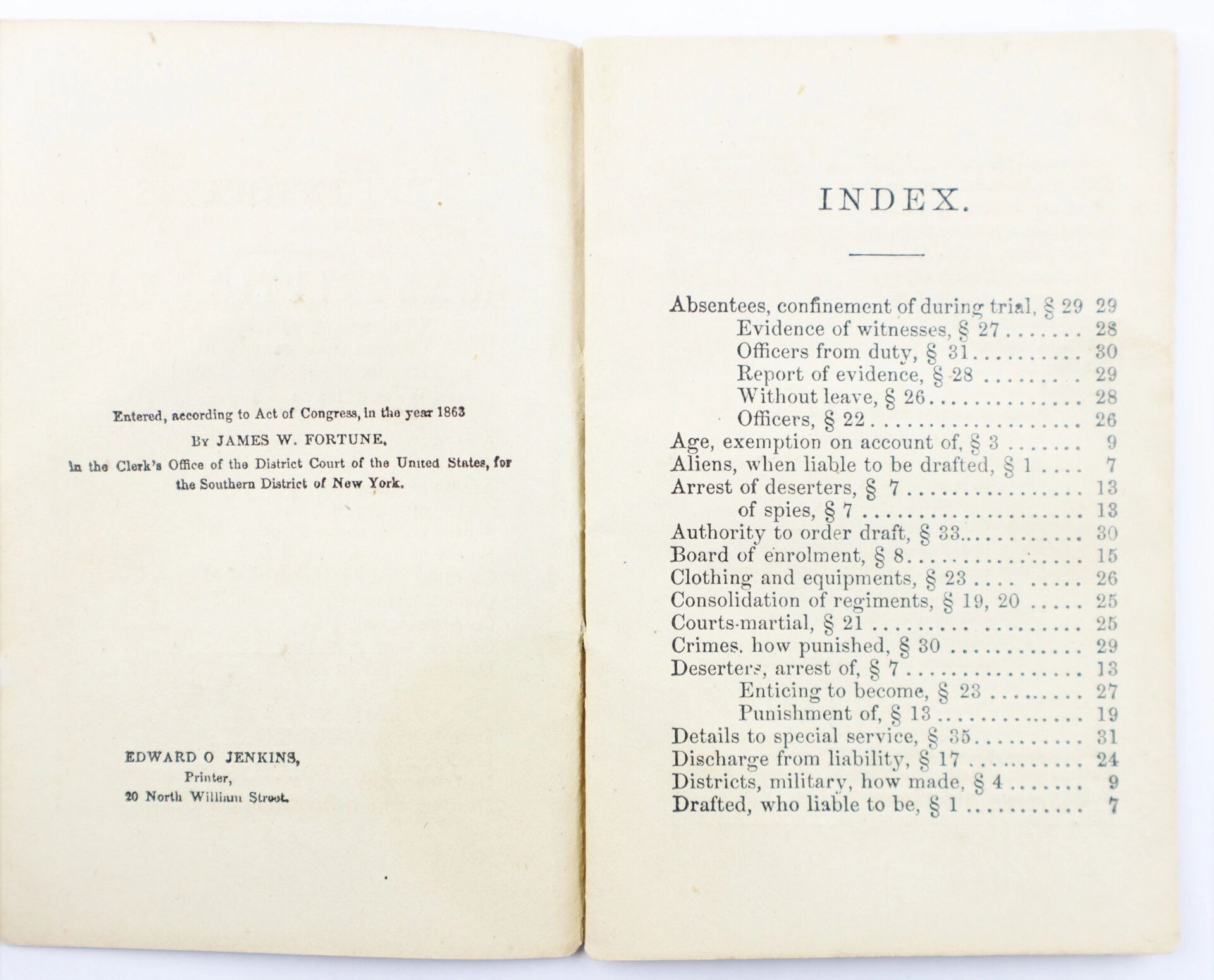 An open copy of "The United States Conscription Law of 1863 Official and Complete," showing the copyright page on the left and an index page listing topics and section numbers on the right.