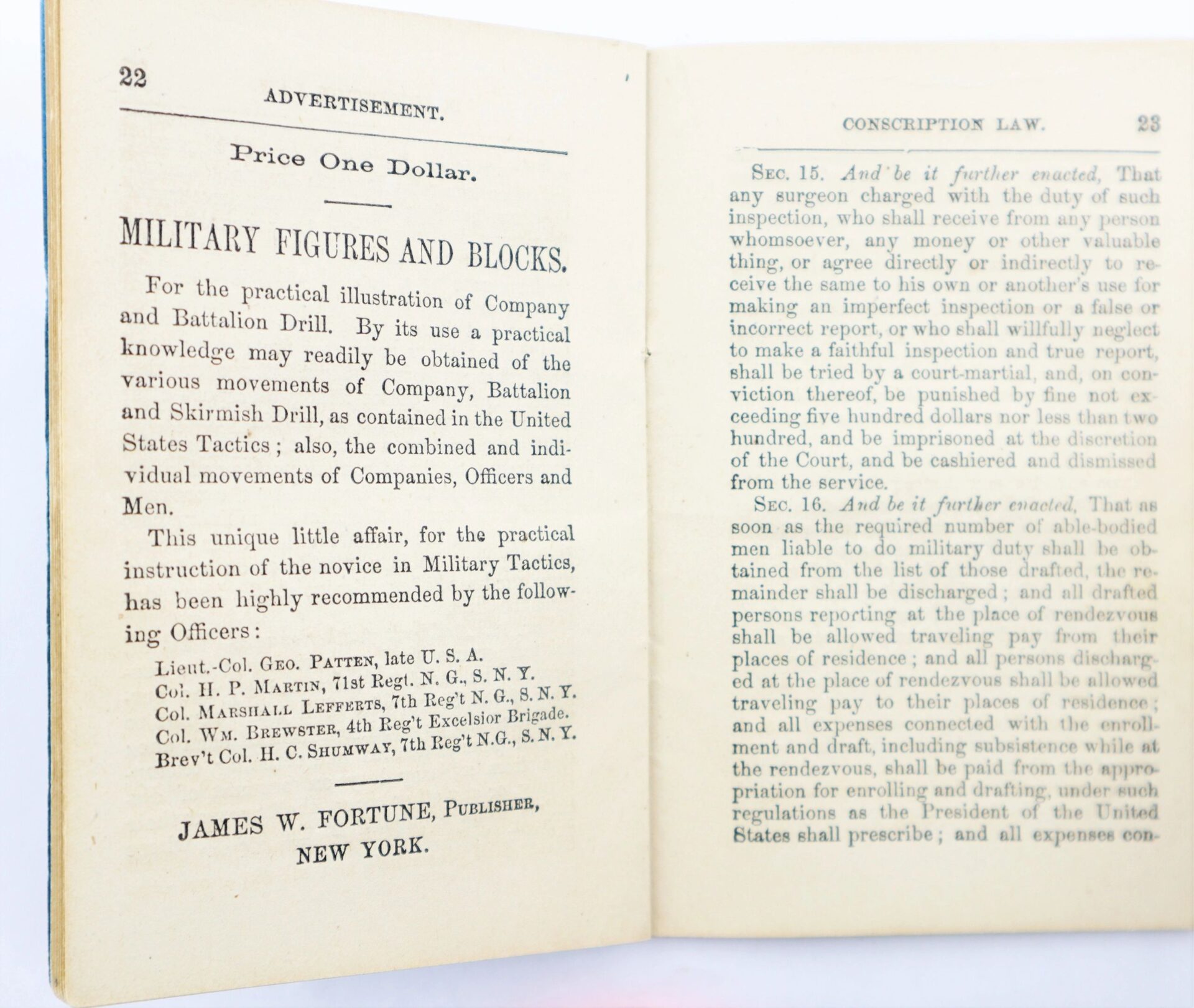 An open book displays an ad for "Military Figures and Blocks" on the left page and "The United States Conscription Law of 1863 Official and Complete, Enabled Colored Men to Enlist in the War Effort!" on the right page.