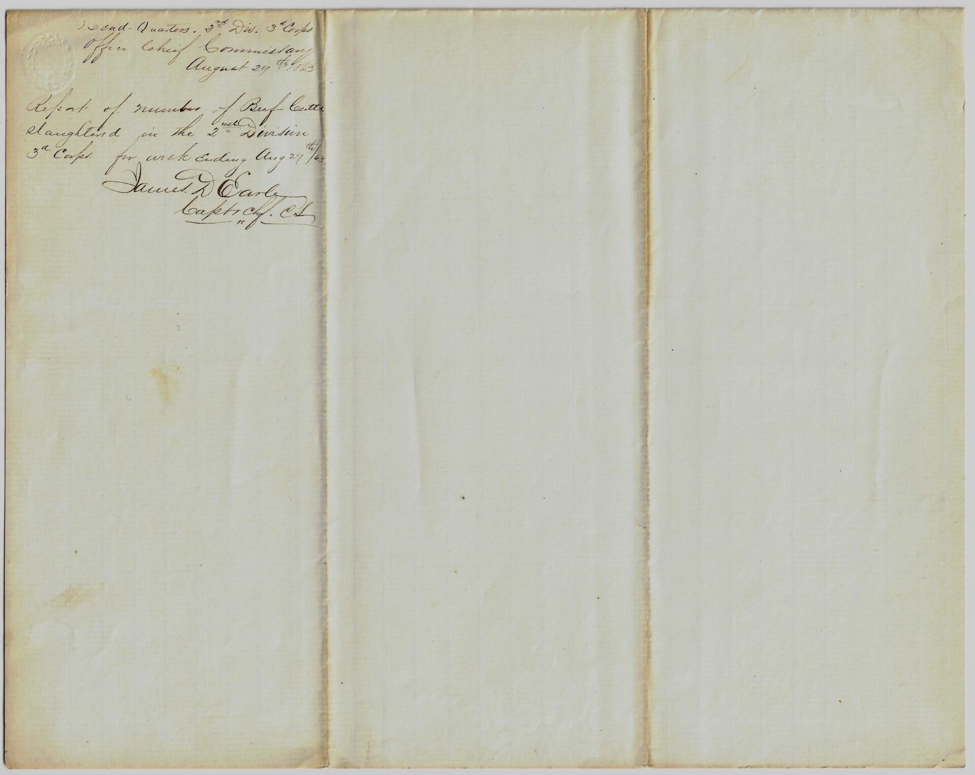 Aged, folded paper titled “Report of the Number of Beef Cattle Slaughtered in the 2nd Division, 3rd Corps for the Week Ending Aug 29, 1863”; handwritten ink text in upper left; most of page blank.