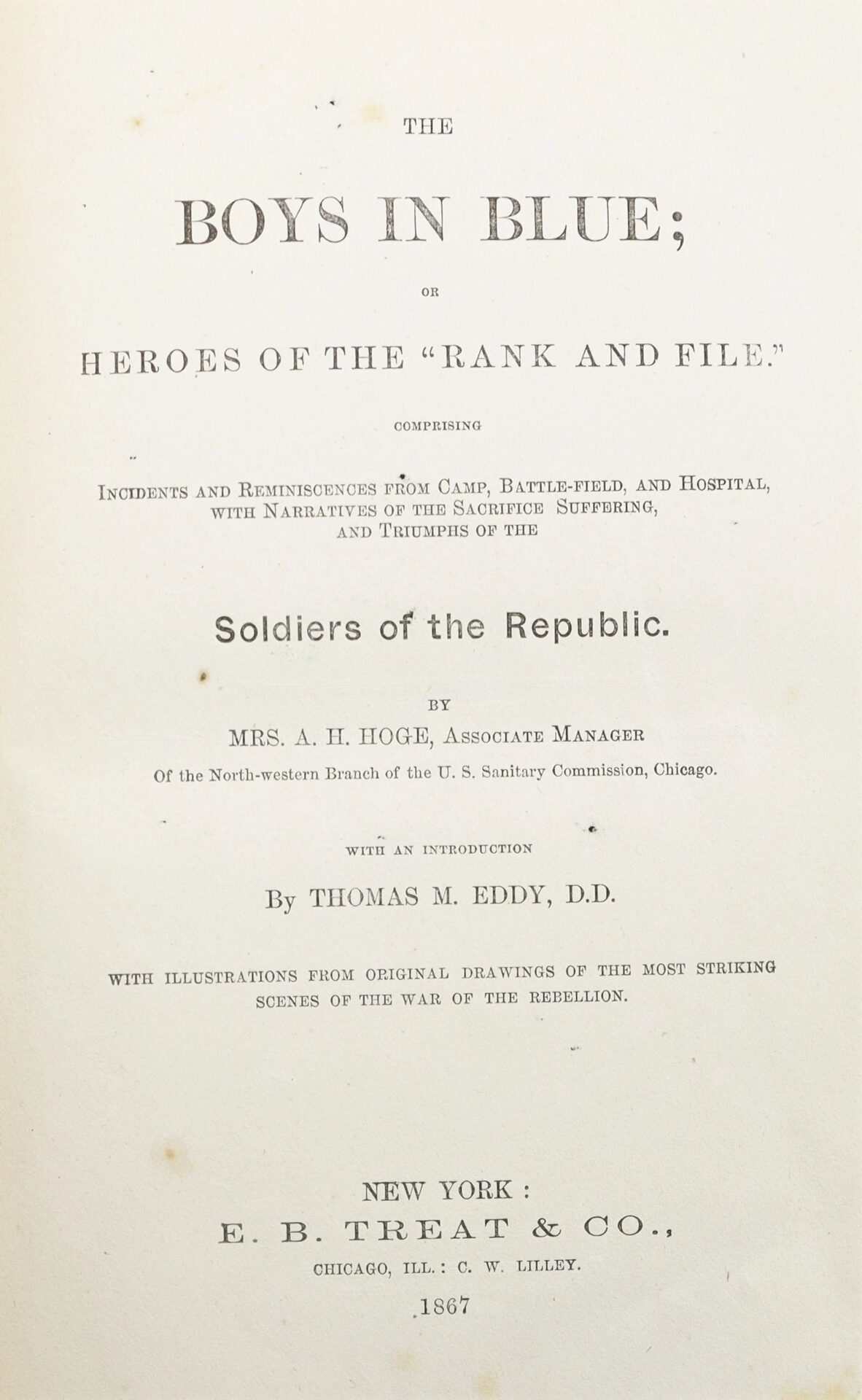 Title page of "The Boys in Blue" by A. H. Hoge, a book compiling Civil War soldiers' experiences. Status: SOLD.