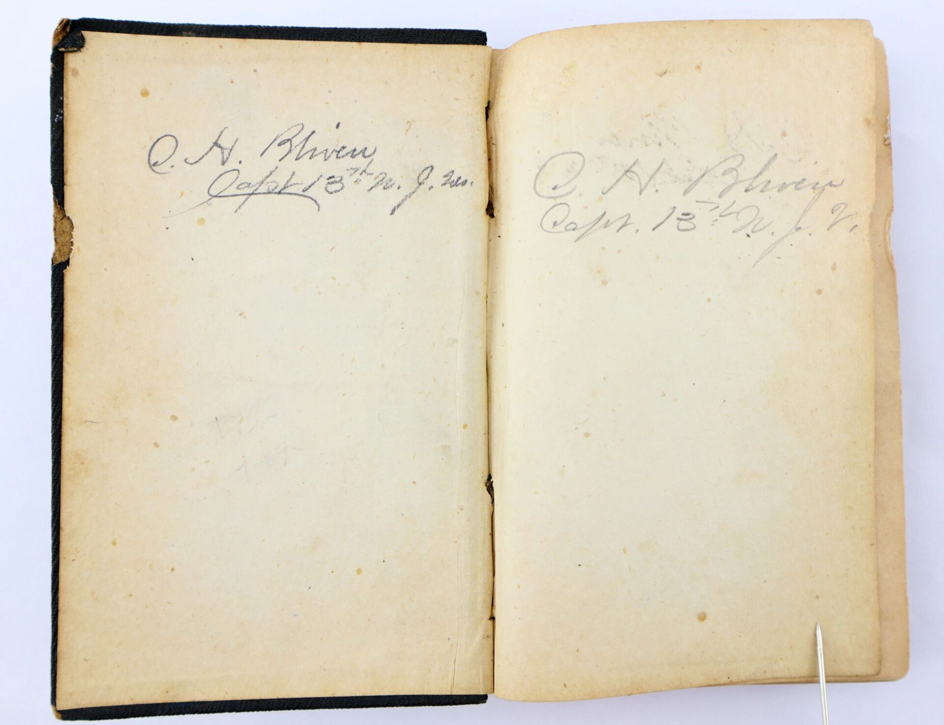 An old copy of Casey’s Infantry Tactics, identified to Charles H. Bliven, 13th New Jersey Infantry, with both inside covers signed in faded ink. / SOLD.