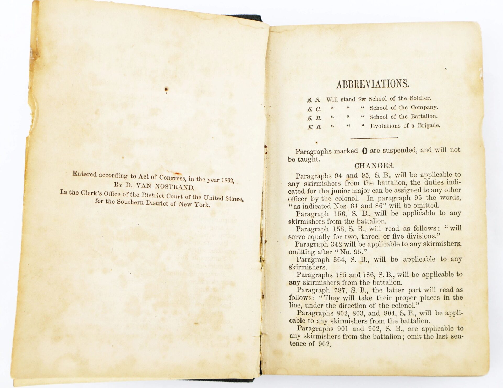 An open antique book, Casey’s Infantry Tactics Identified to Charles H. Bliven, 13th New Jersey Infantry / SOLD, displays a copyright statement on the left page and a list of abbreviations with explanations on the right.