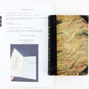 An 1858 General Regulations book for the New York Military Forces and a soldier history report on Hiram Anderson Jr., 92nd NY Infantry, killed at Cold Harbor, are displayed side by side on a white background.