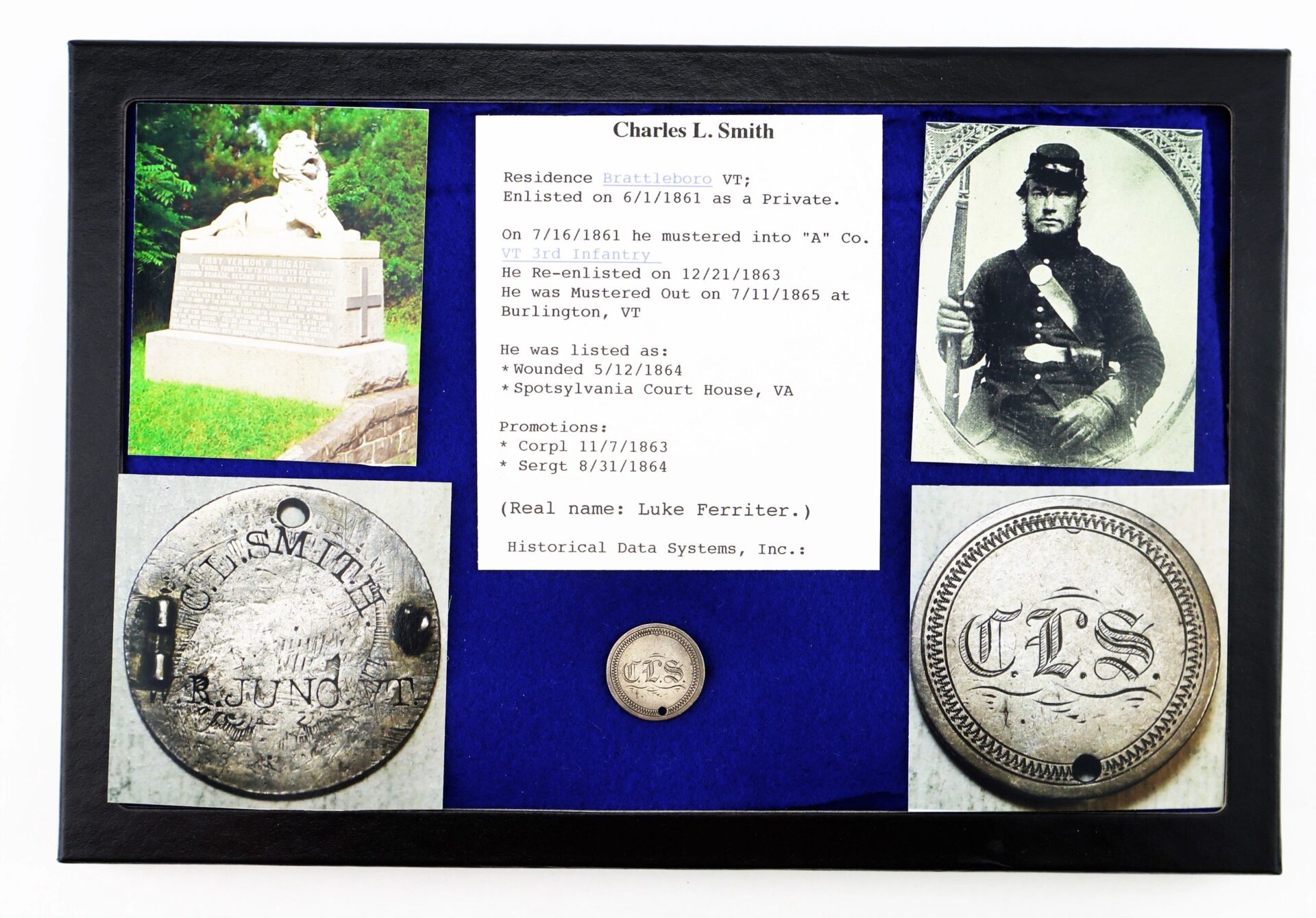 A display presents the Love Token Identification Disk of Charles L. Smith, 3rd Vermont Infantry—wounded at Spotsylvania and linked to the famous “Sleeping Sentinel” Abraham Lincoln pardon.