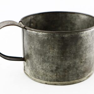 The Giant Civil War Mess Cup is a plain, weathered metal cup with a large handle, displayed against a white background.