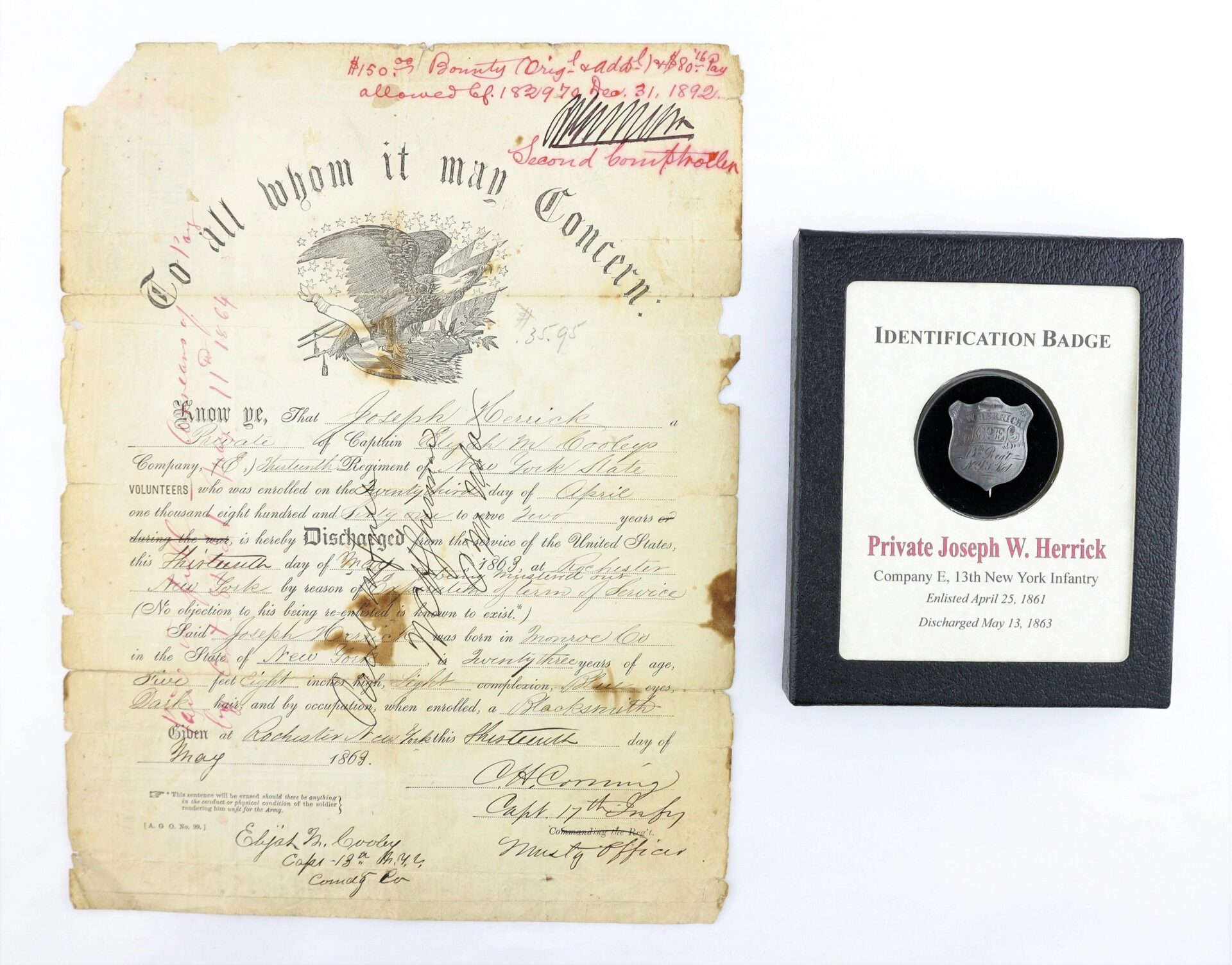 An identification badge and military discharge certificate for Private Joseph W. Herrick of the 13th New York Infantry are displayed together.