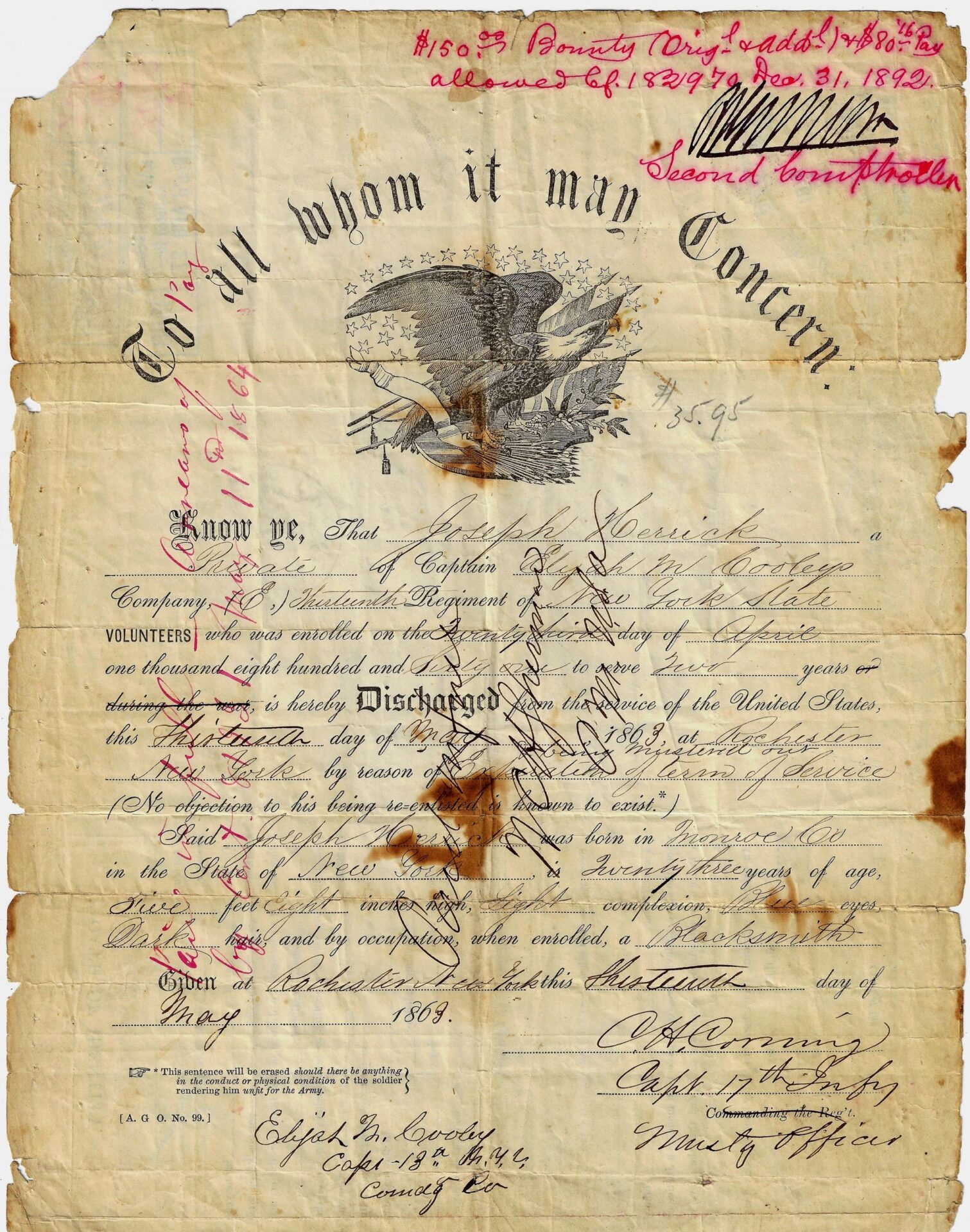 A worn and stained discharge certificate with handwritten notes and signatures, dated May 7, 1865, for Private Joseph W. Herrick, 13th New York Infantry; includes his identification badge.