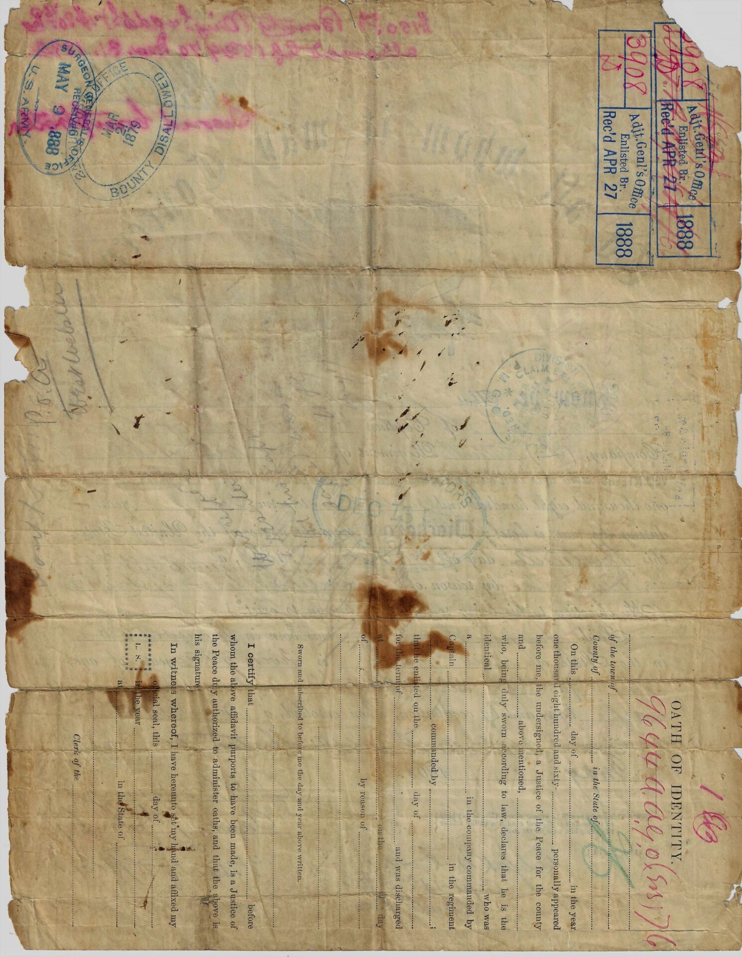 A worn, stained Identification Badge and Discharge of Private Joseph W. Herrick, 13th New York Infantry, featuring handwritten notes, official stamps, signatures, and faded typewritten sections due to age.