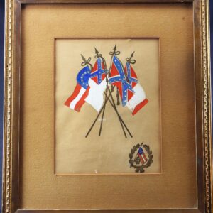 Confederate Veteran’s Flag Painting: Framed artwork featuring three crossed Confederate flags and a small flag emblem with wreath on a beige background.