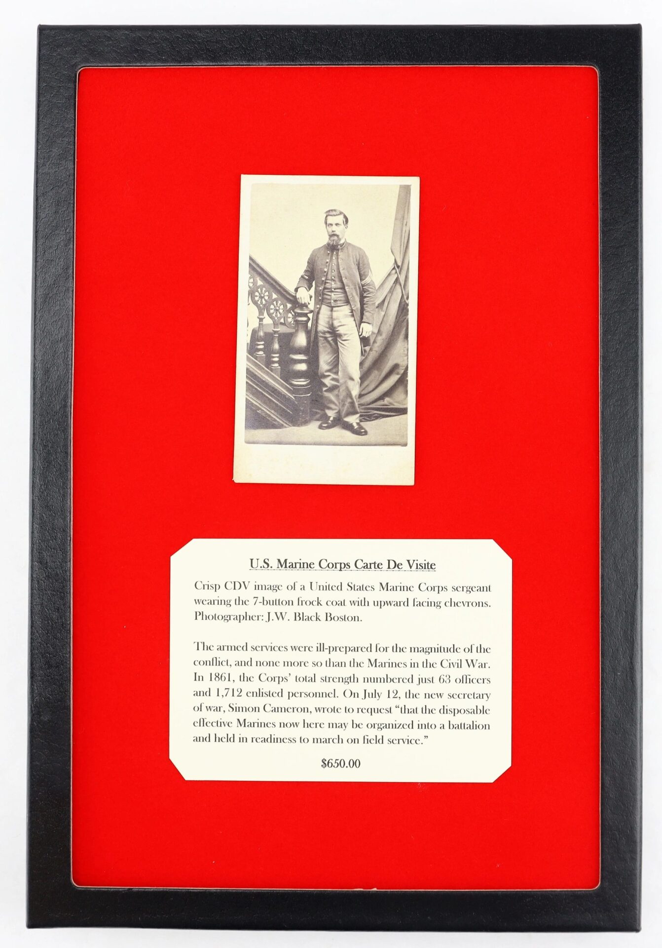 Framed U.S. Marine Corps Carte De Visite featuring a vintage black-and-white photo of a sergeant in uniform, displayed above a descriptive label and $650 price tag, set against a red background.