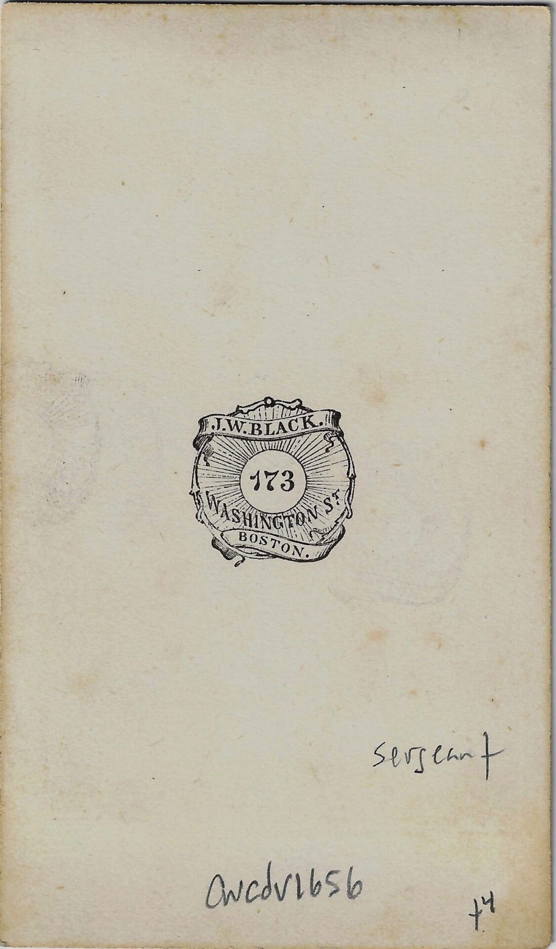 A vintage "J.W. Black, 173 Washington St., Boston" stamp is centered on aged paper for the U.S. Marine Corps Carte De Visite, with handwritten notes at the bottom.