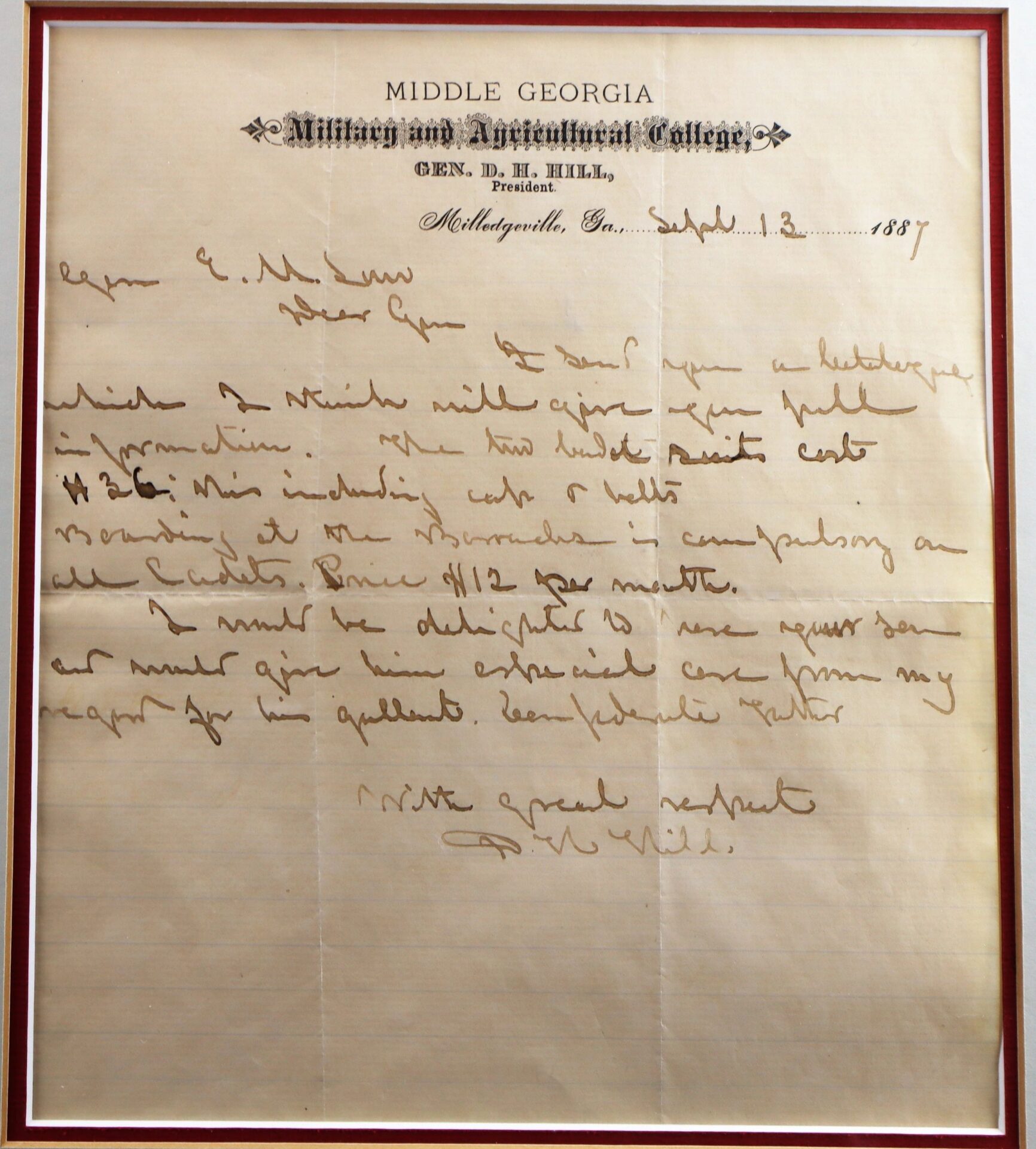 A handwritten letter on Middle Georgia Military and Agricultural College letterhead, dated Sept 13, 1887, signed by Confederate General D. H. Hill, discussing tuition and related expenses.