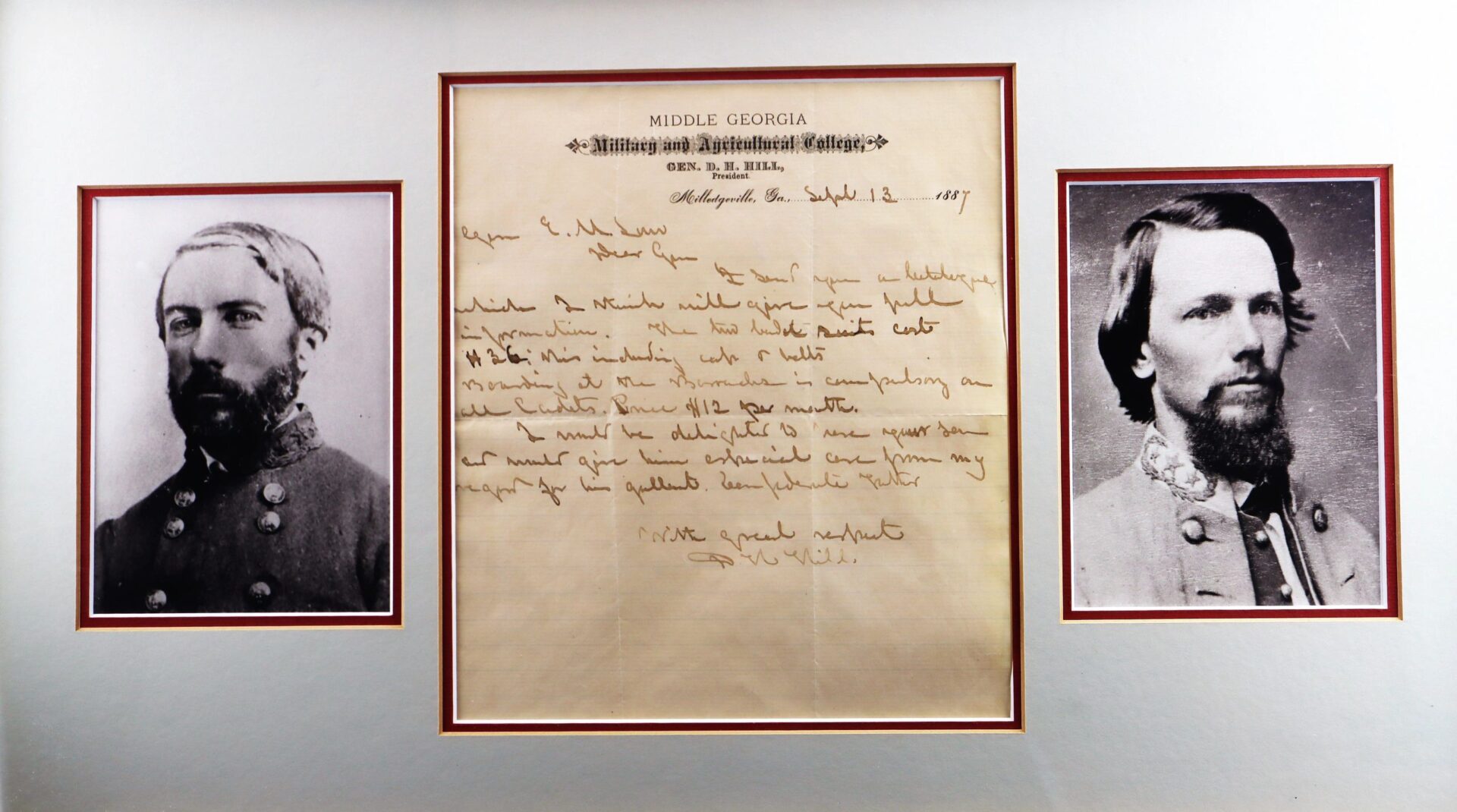 Framed display of Confederate General D. H. Hill: two black-and-white military portraits flank a handwritten letter dated September 12, 1887, on Middle Georgia Military and Agricultural College letterhead.